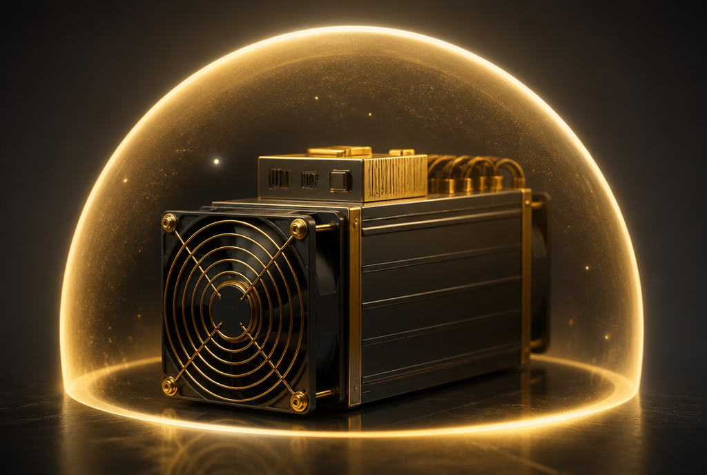 Gold-accented ASIC miner protected inside a glowing golden dome - OneMiners protecting your mining capital