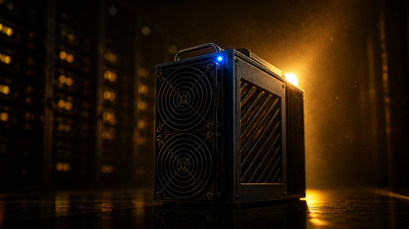 Cinematic gold-on-charcoal photo of an INIBOX-style ASIC miner in a data center