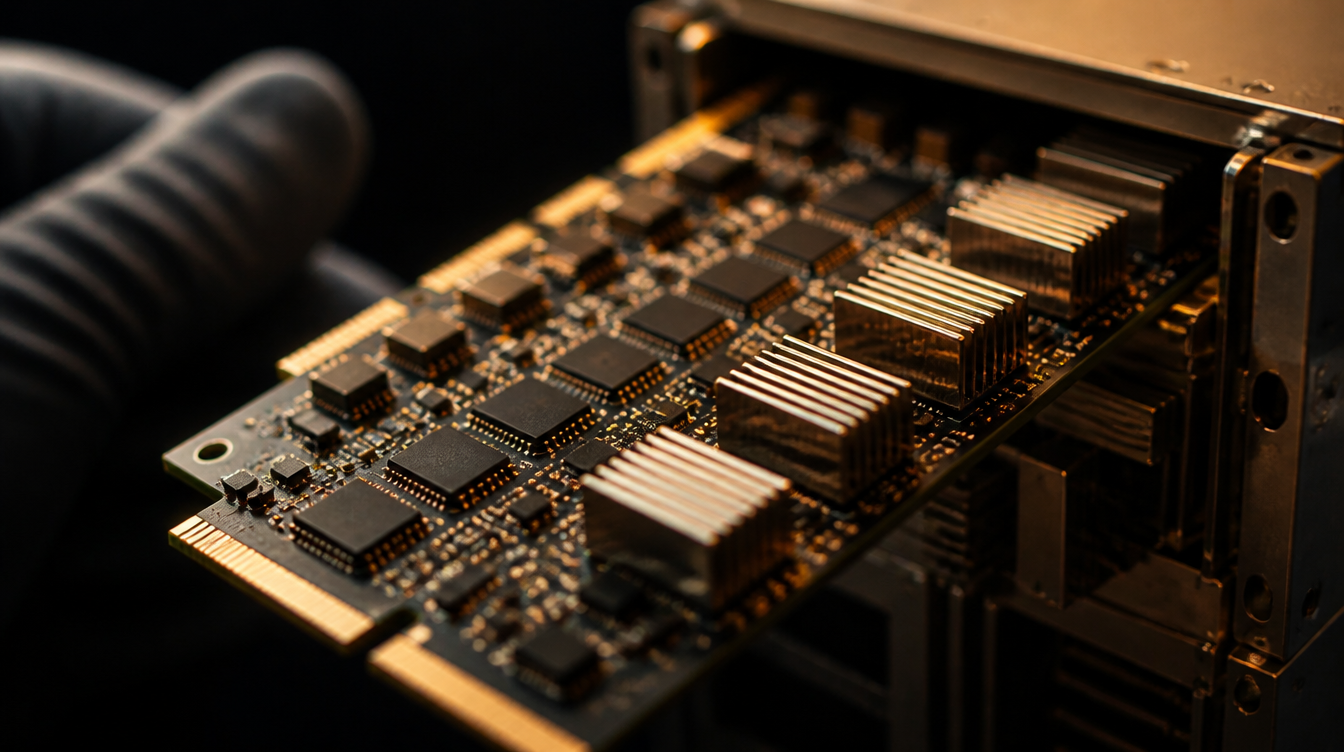 Macro close-up of an ASIC mining hashboard removed from its chassis
