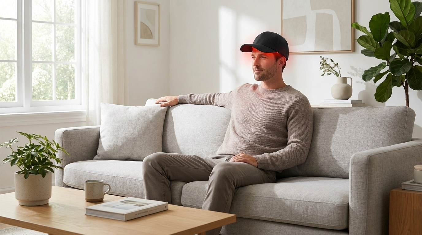 Relaxing at home wearing the MaxHealth cap