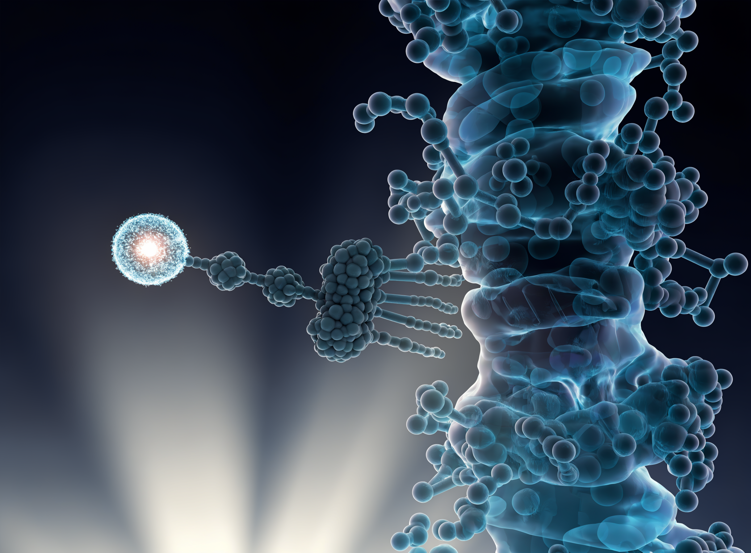 3D render of a radioligand binding its molecular target with a radioactive isotope payload
