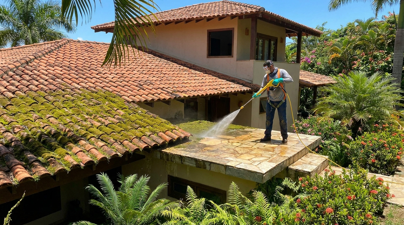 Démoussage d'une toiture et d'une terrasse au nettoyeur haute pression — Guyane S3T