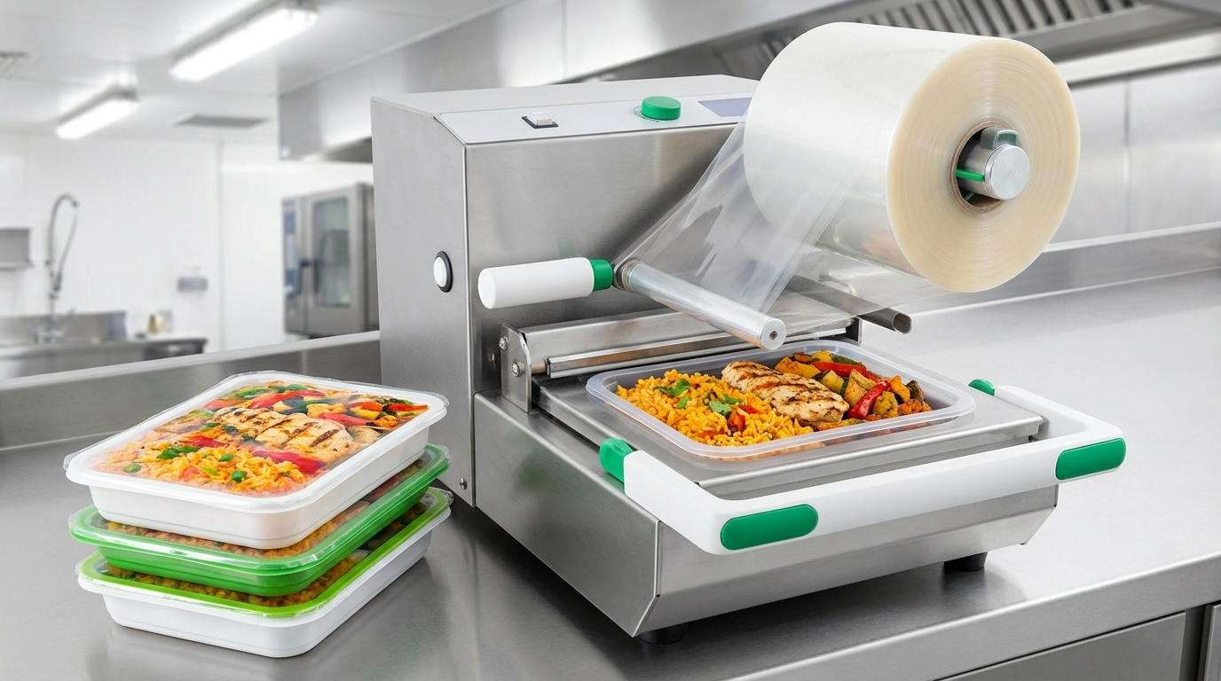 Thermoscelleuse de barquettes en cuisine professionnelle — scellage de barquettes repas en Guyane