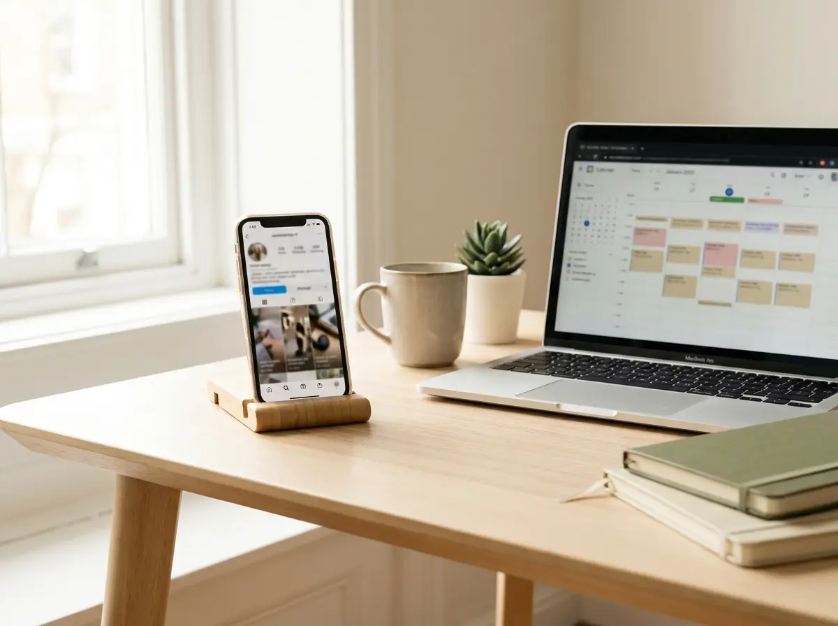 Social media content calendar and branded posts displayed on a phone and desktop workspace