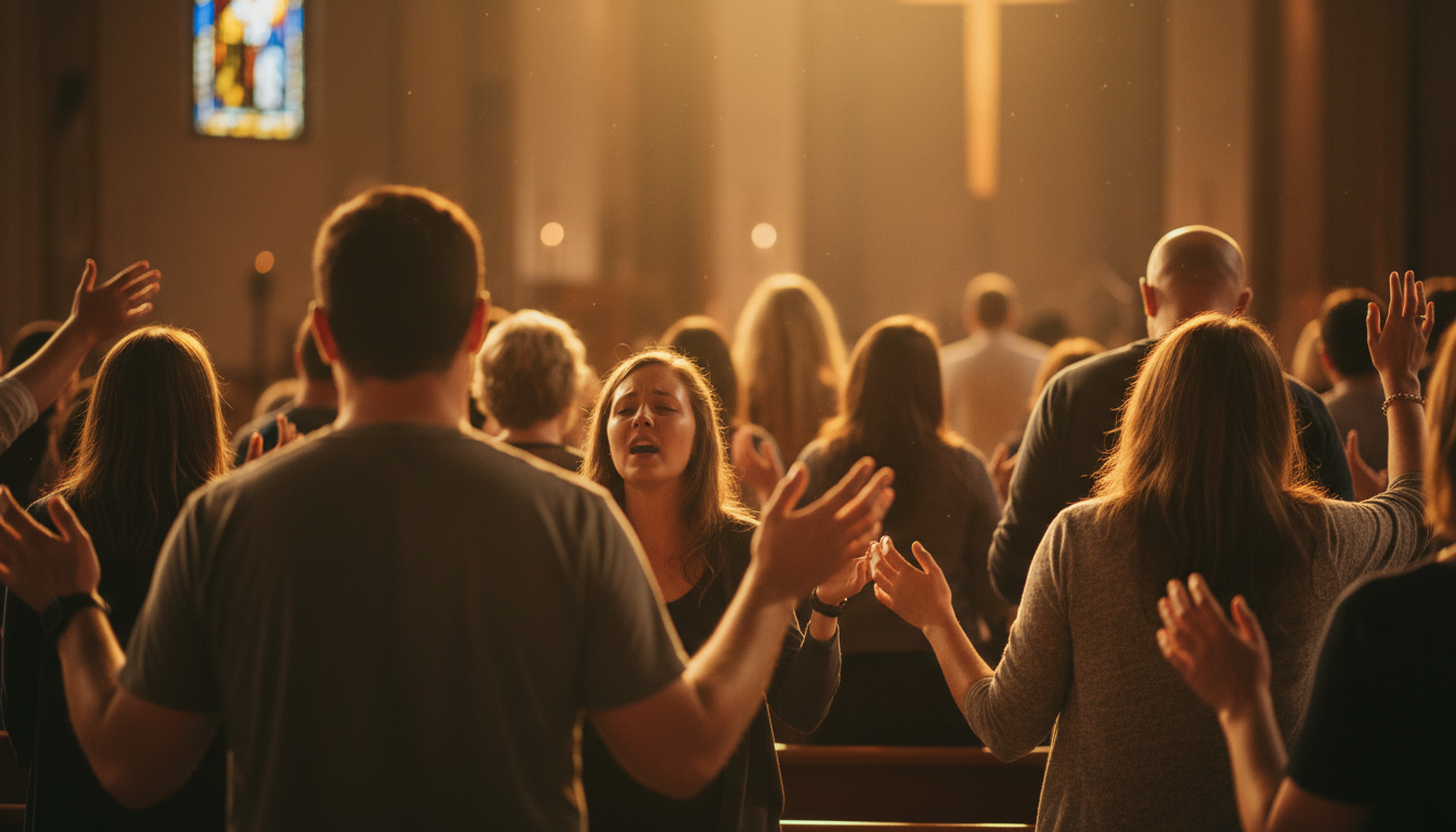 Congregation worshipping together on a Sunday