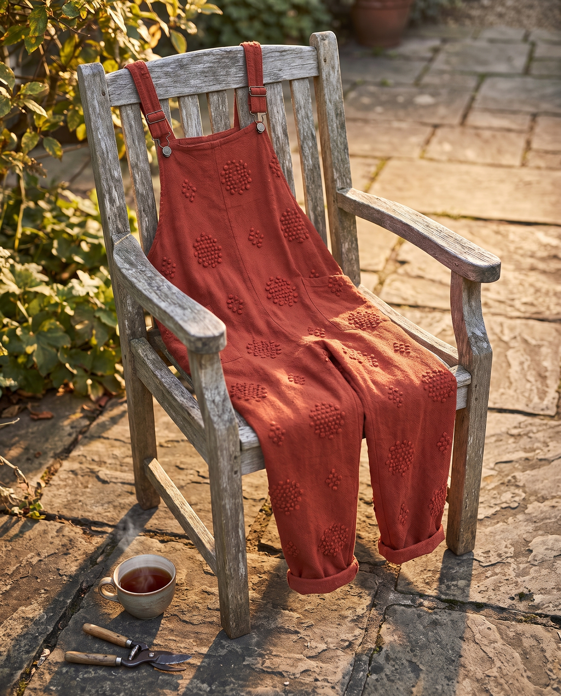 Flora Brick Red Jumpsuit on a garden chair with tea