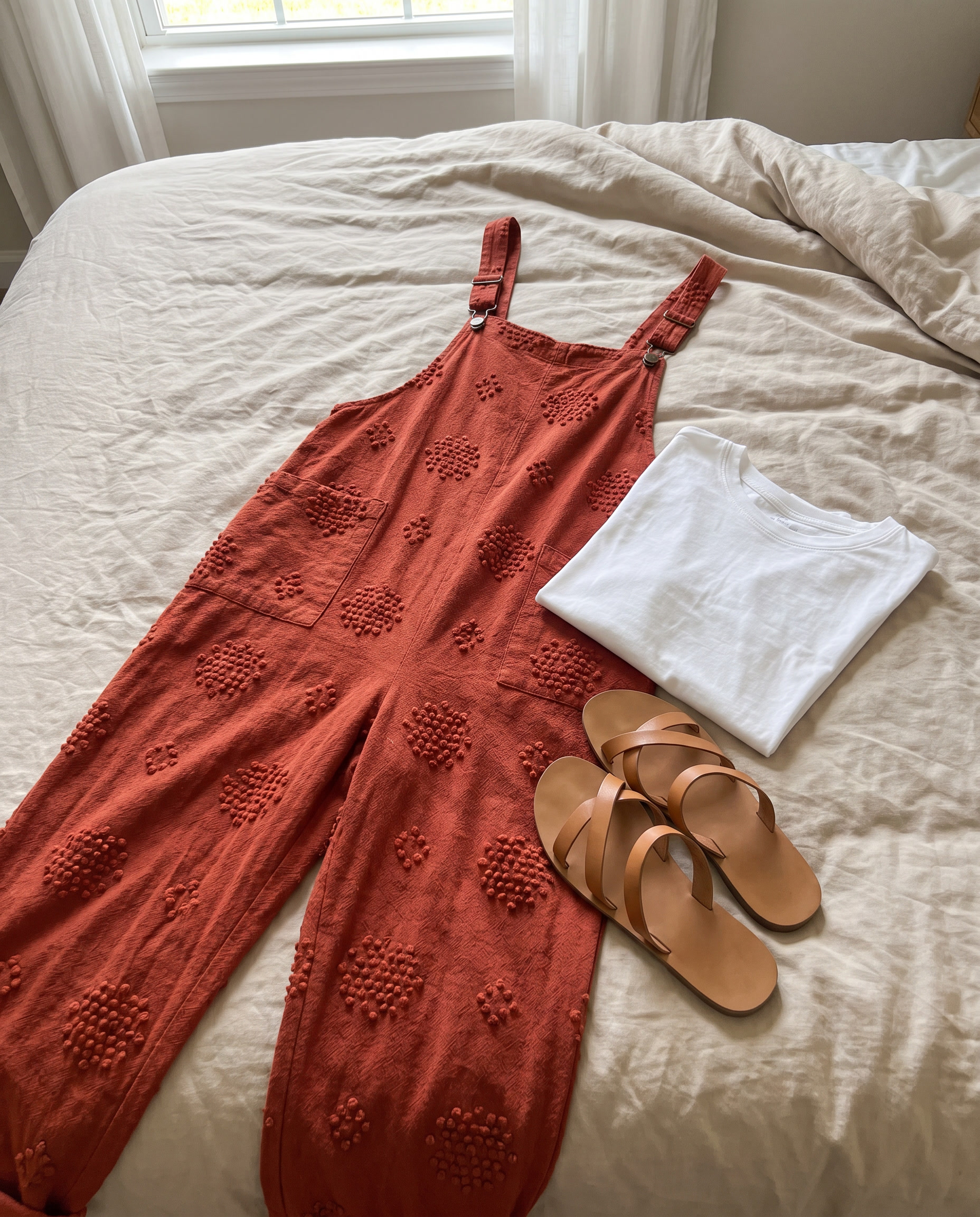 Flora Brick Red Jumpsuit laid out on a bed