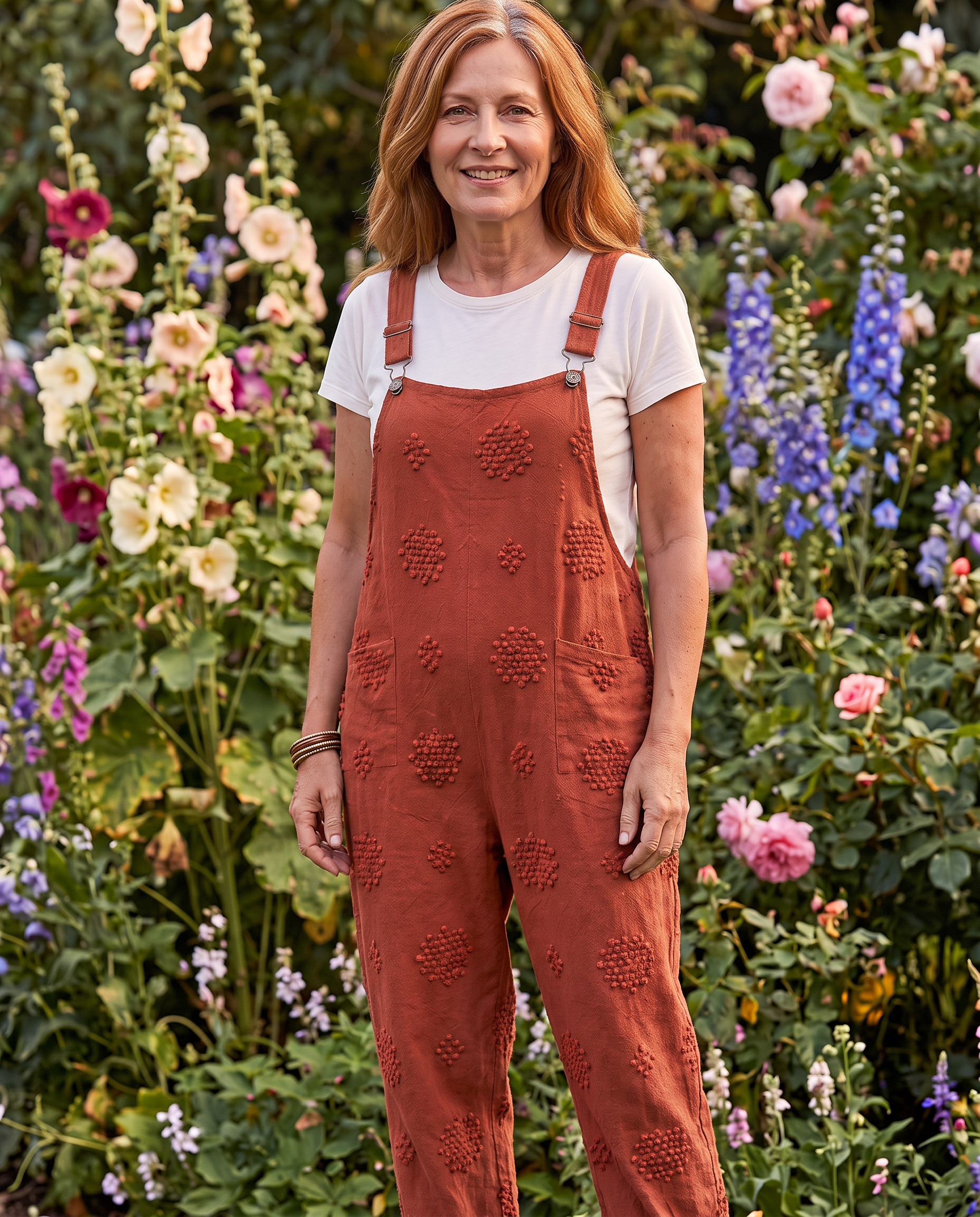 Diane Ashcroft in the Flora Brick Red Jumpsuit
