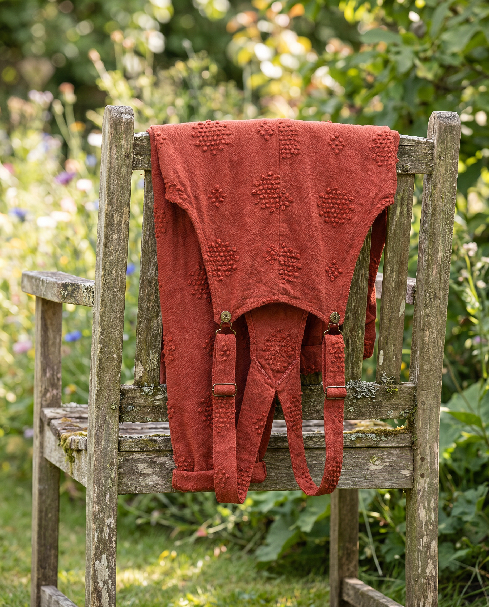 Flora Brick Red Jumpsuit styled on a garden chair