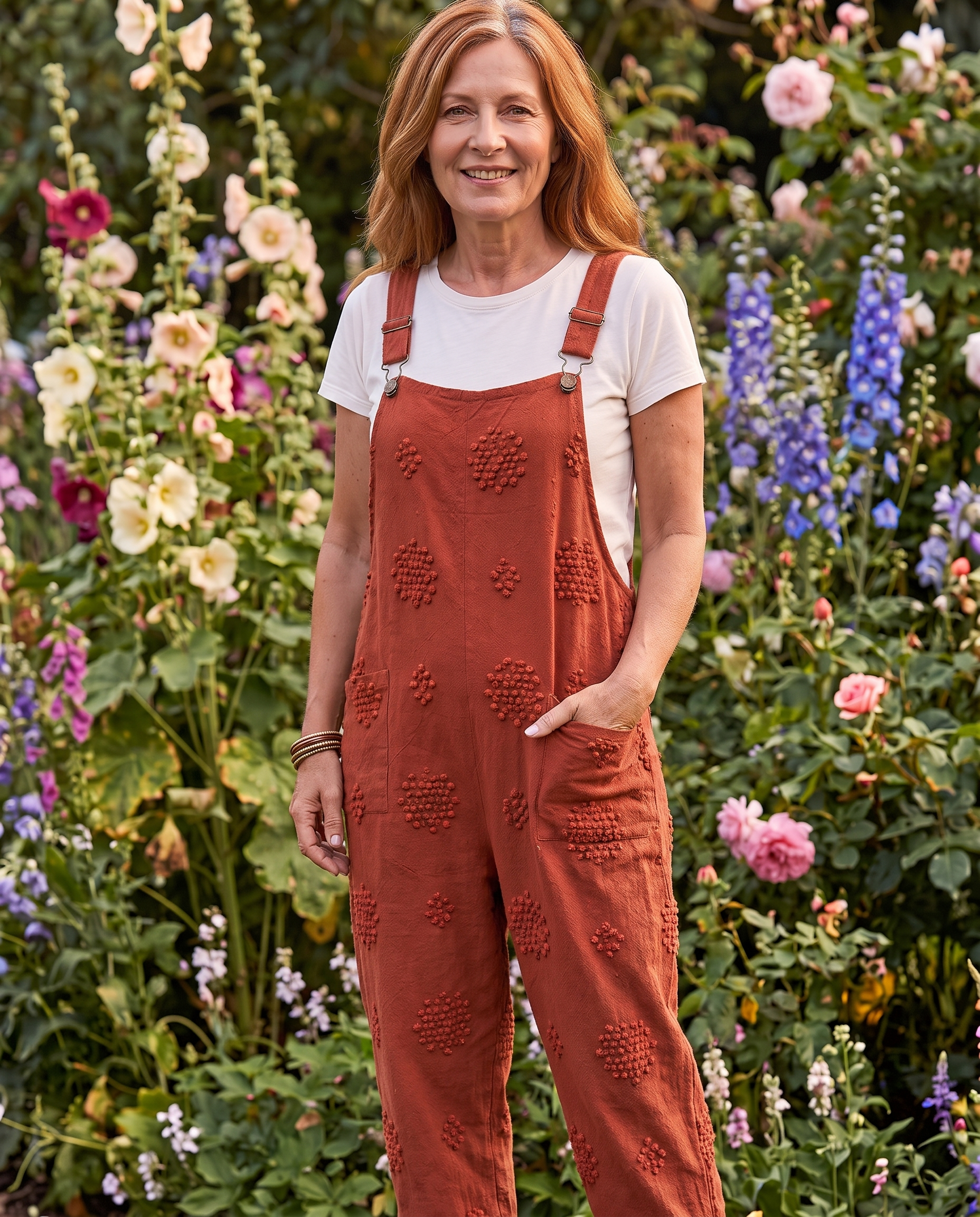 Flora Brick Red Jumpsuit worn in the garden