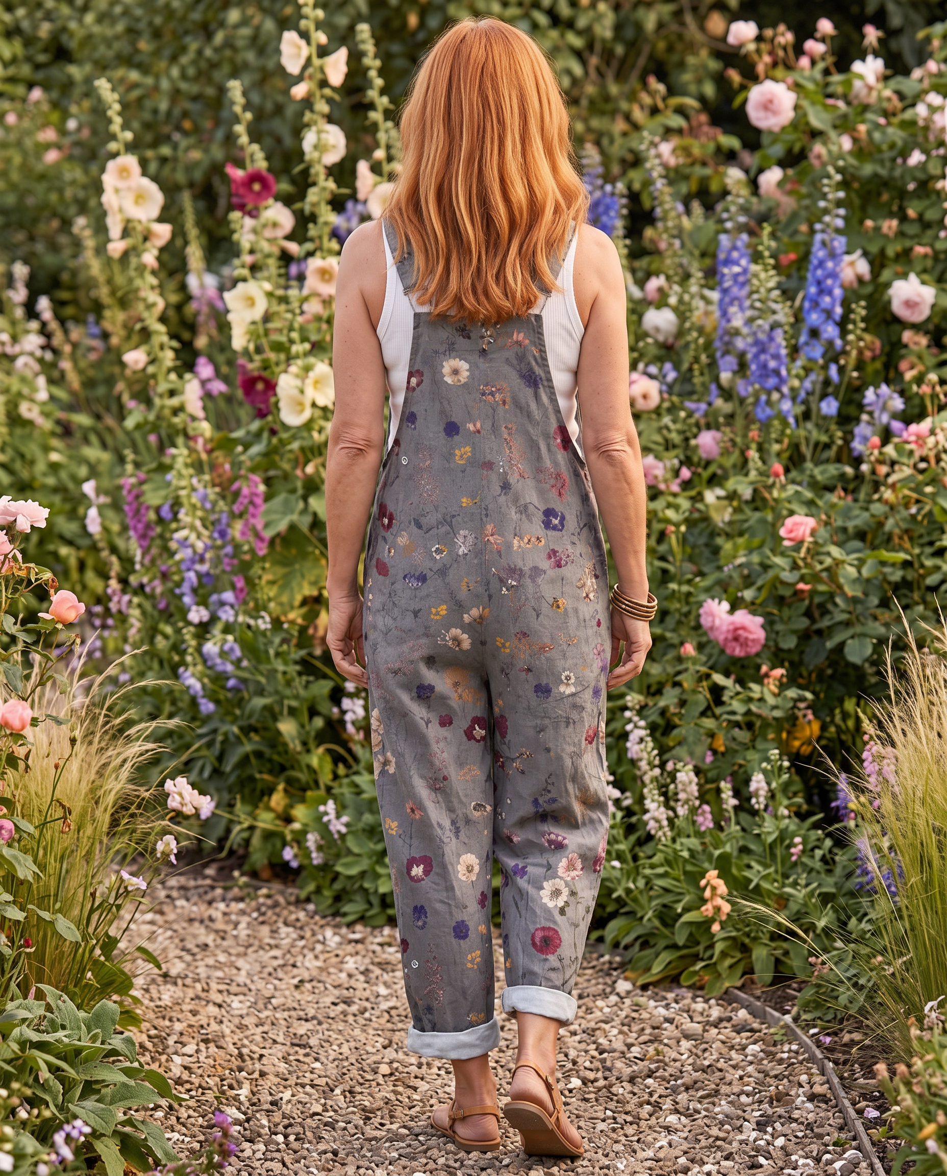Noreen Printed Jumpsuit worn on a garden path, full length