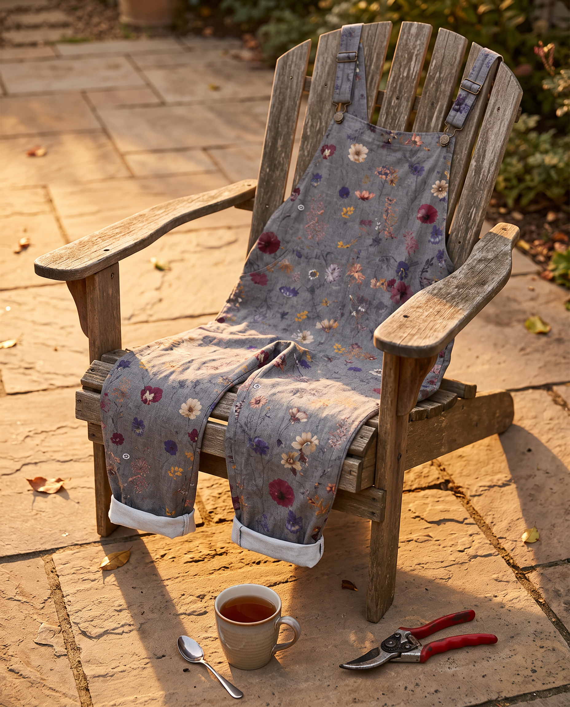 Noreen Printed Jumpsuit on a garden chair with tea and shears