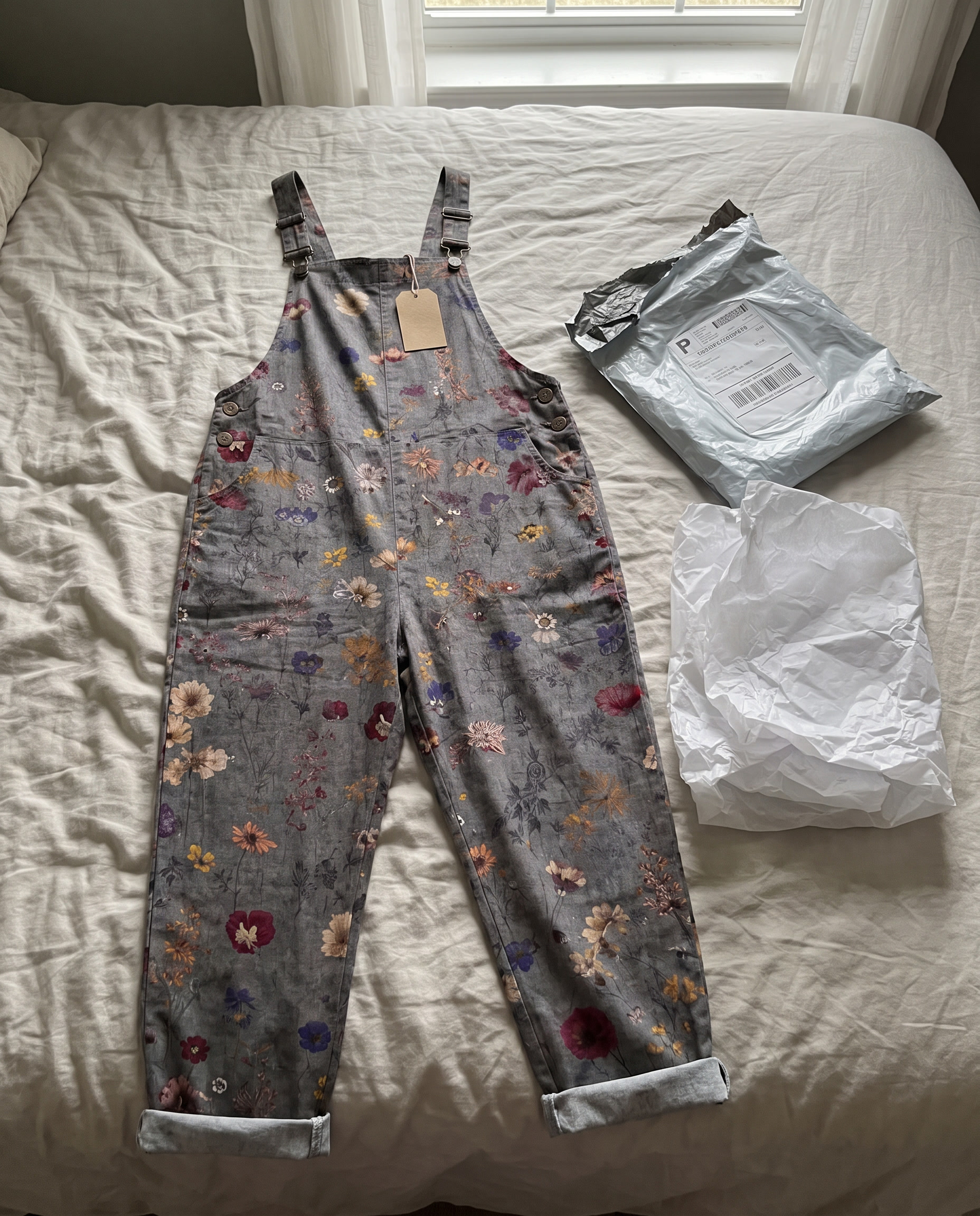 Noreen Printed Jumpsuit unboxed on a bed