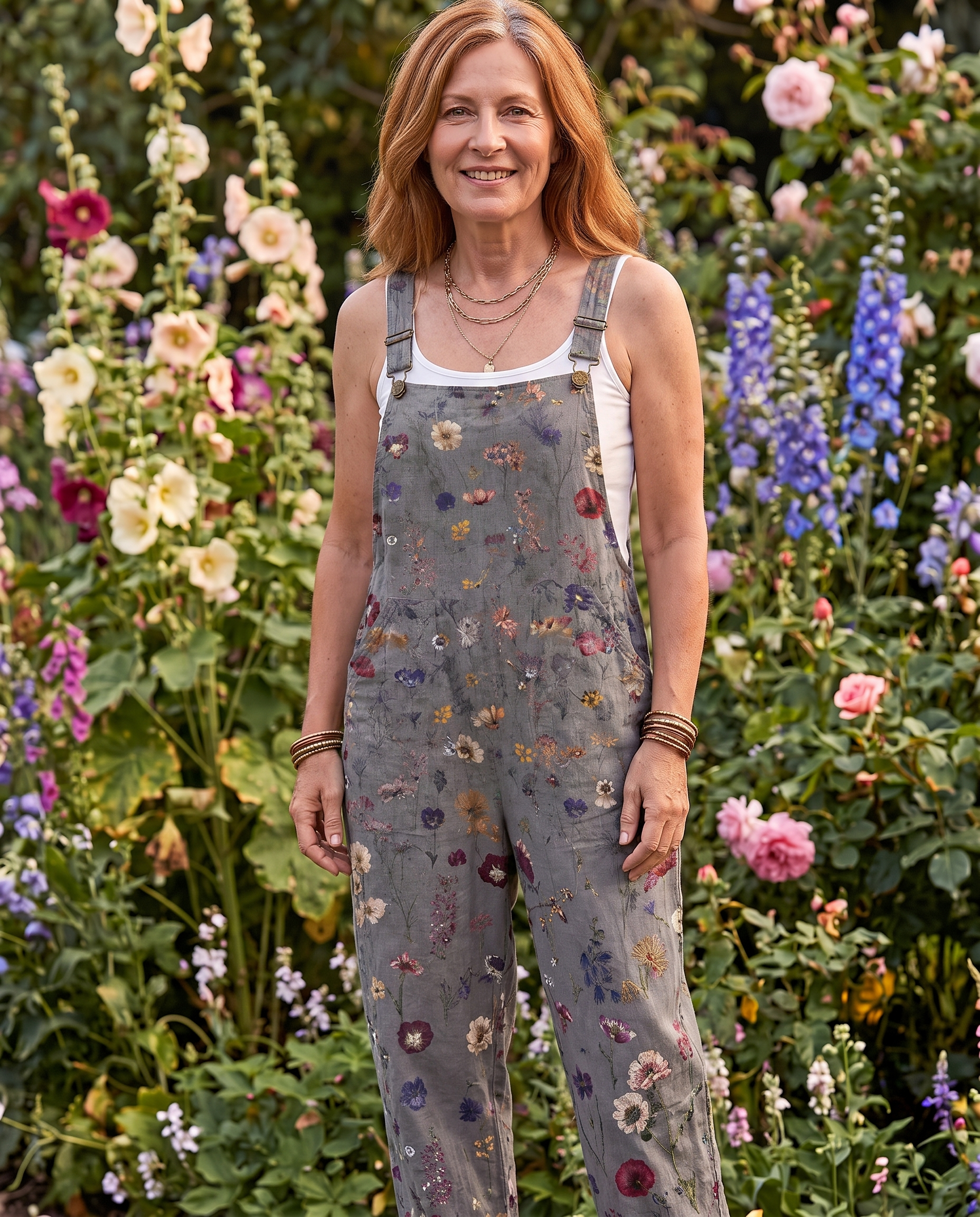 Diane Ashcroft wearing the Noreen Printed Jumpsuit in a garden