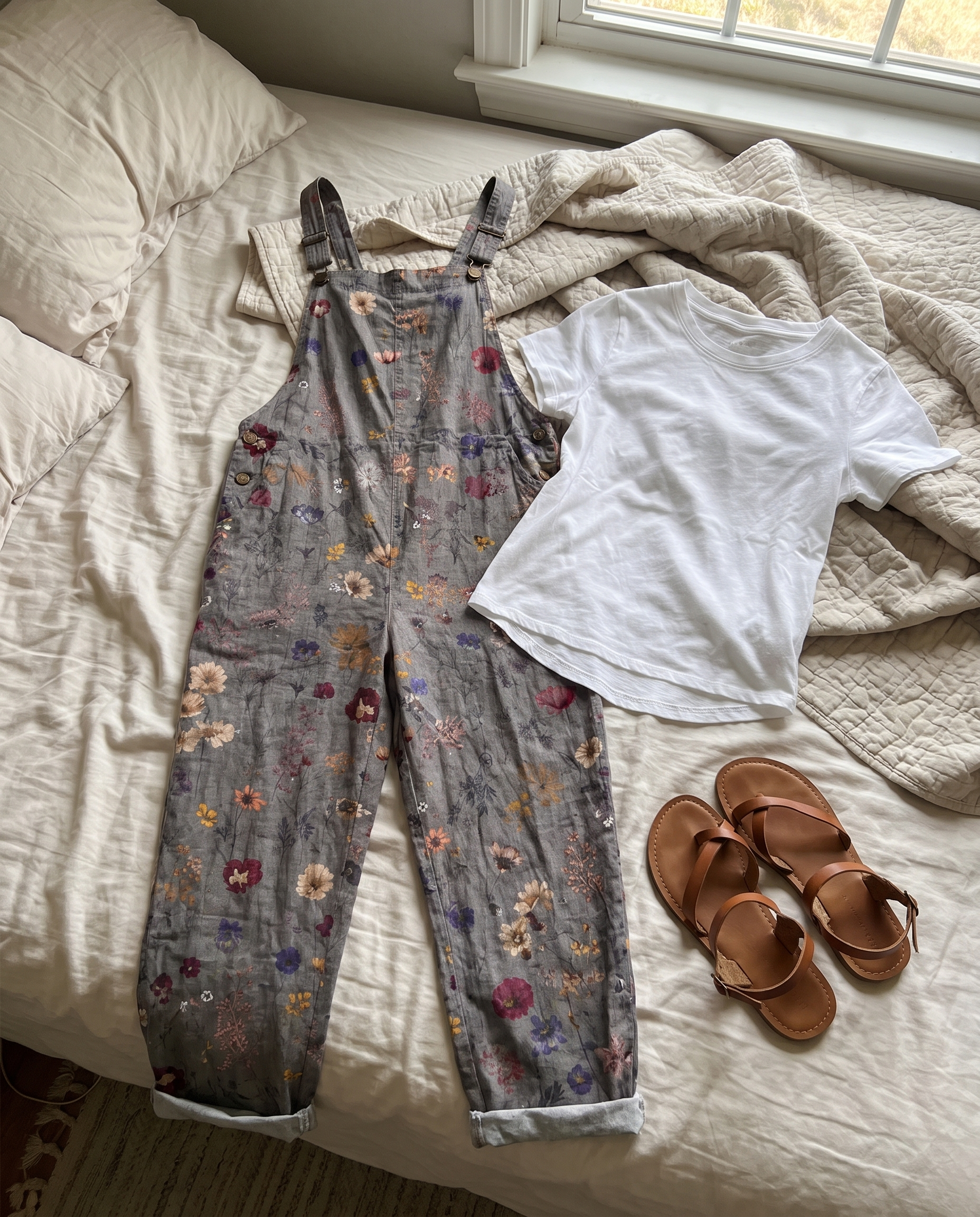 Noreen Printed Jumpsuit laid out on a bed