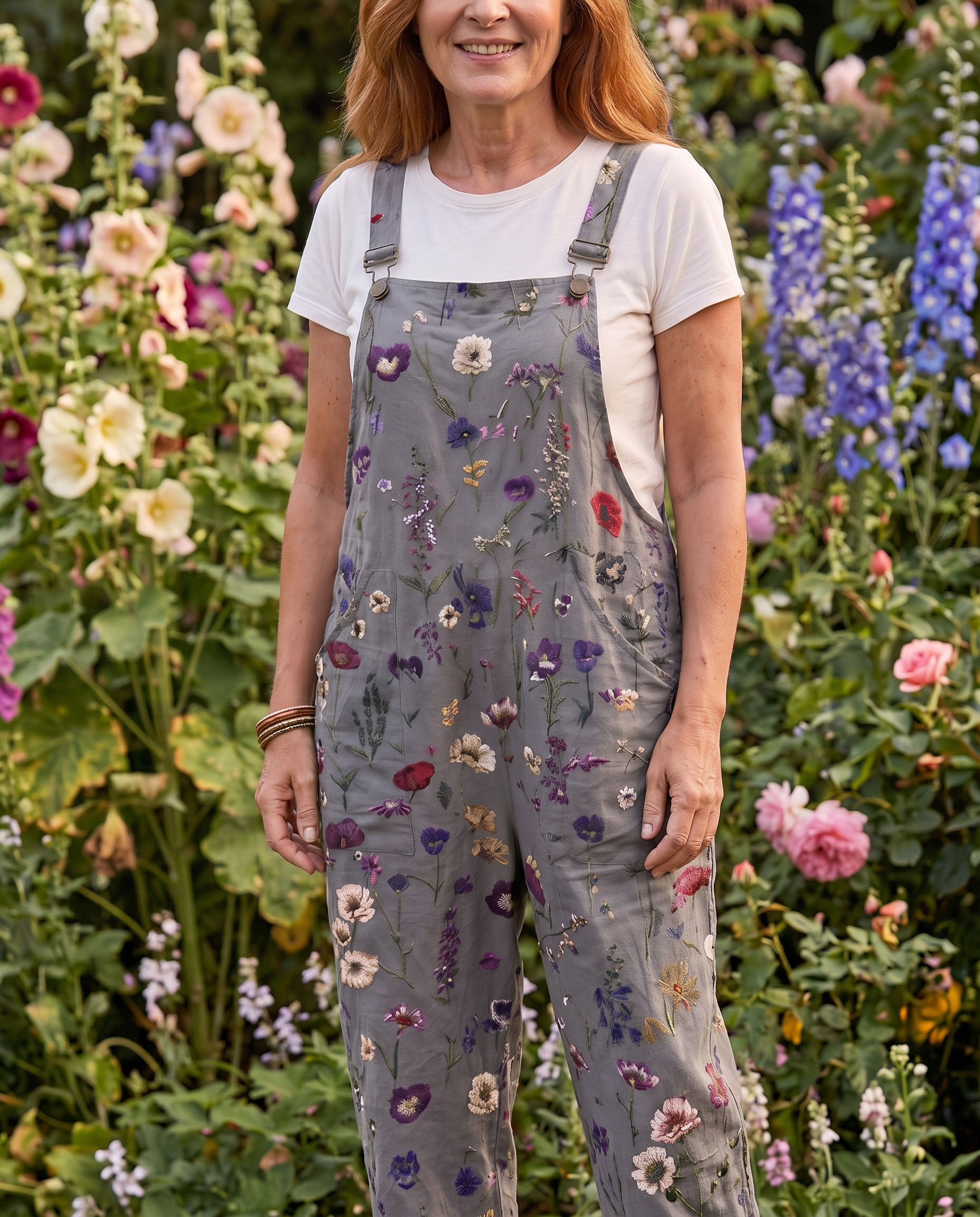 Noreen Printed Jumpsuit worn in a garden, close crop