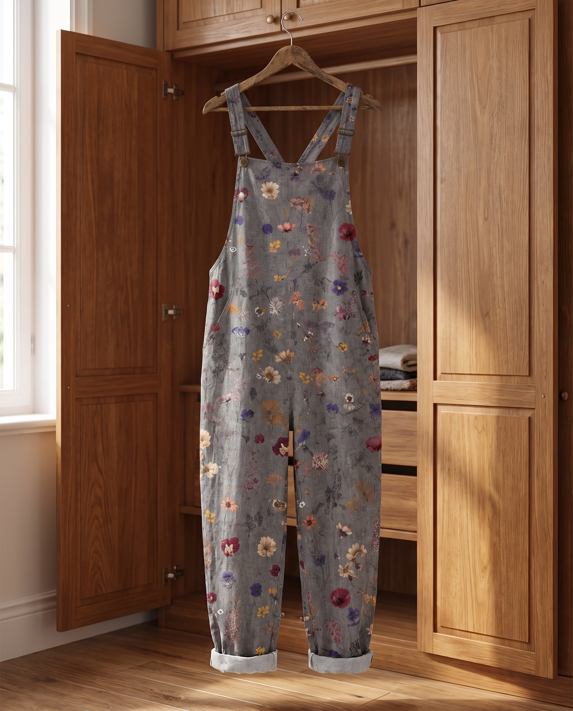 Noreen Printed Jumpsuit hanging on a wooden hanger