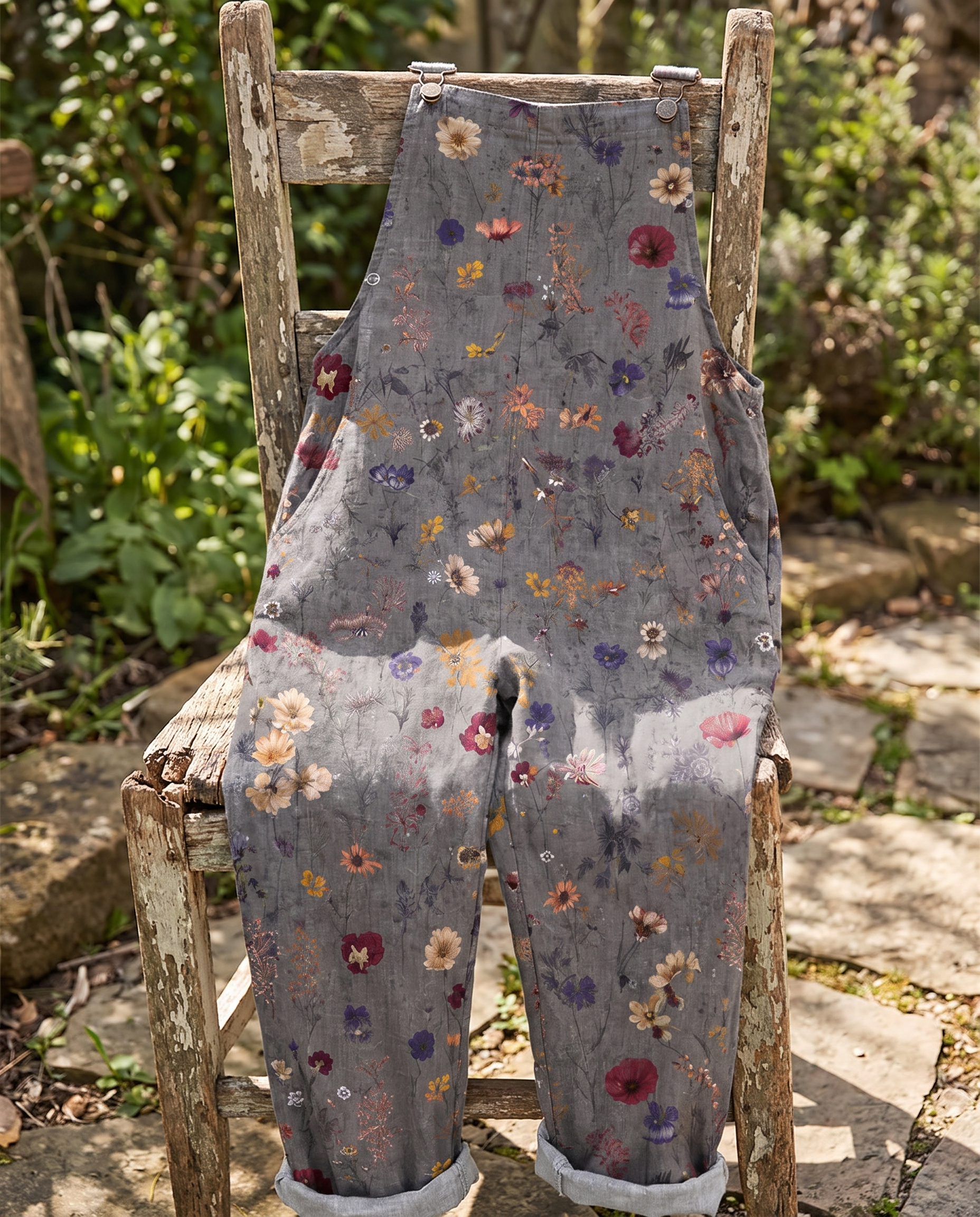 Noreen Printed Jumpsuit styled on a garden chair