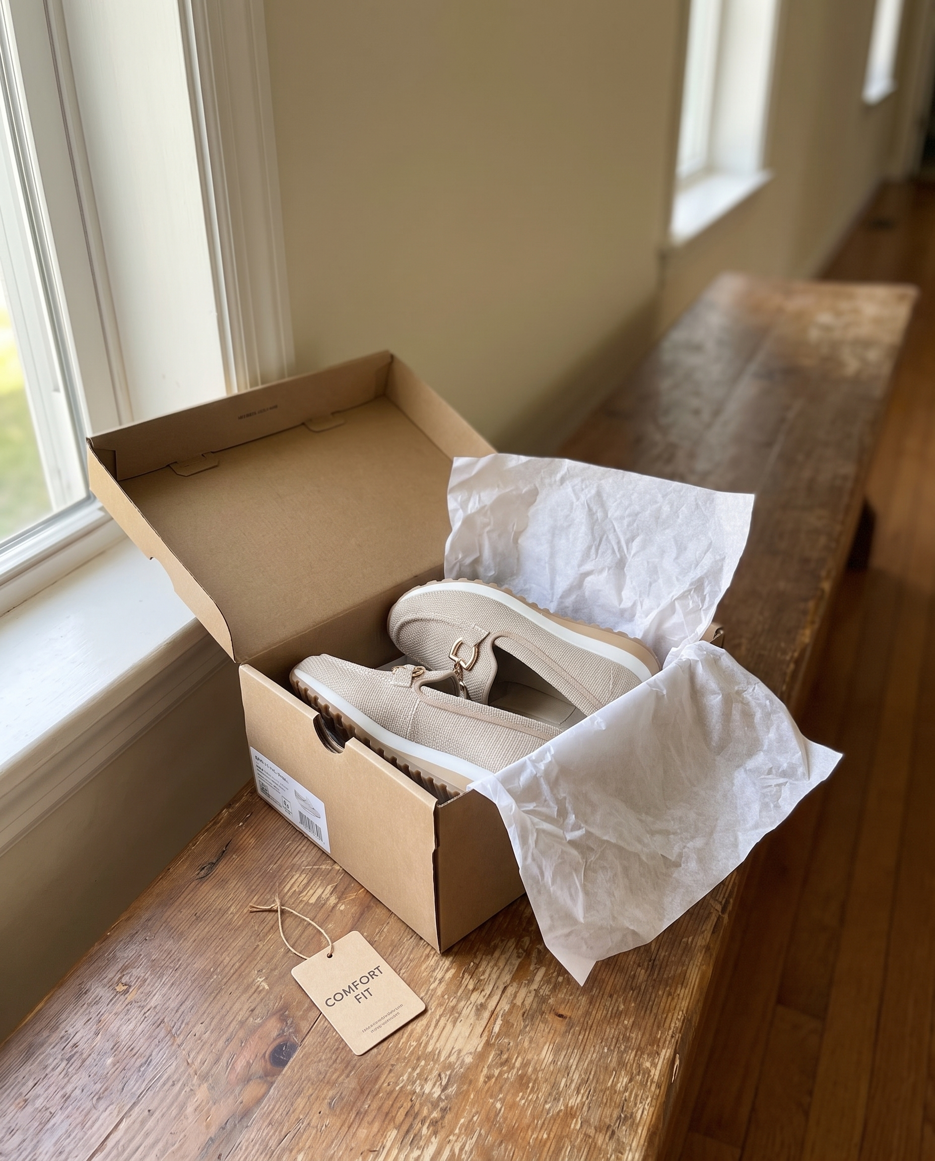 Mili Orthopaedic Loafer Sneakers in beige, unboxed on a hallway bench