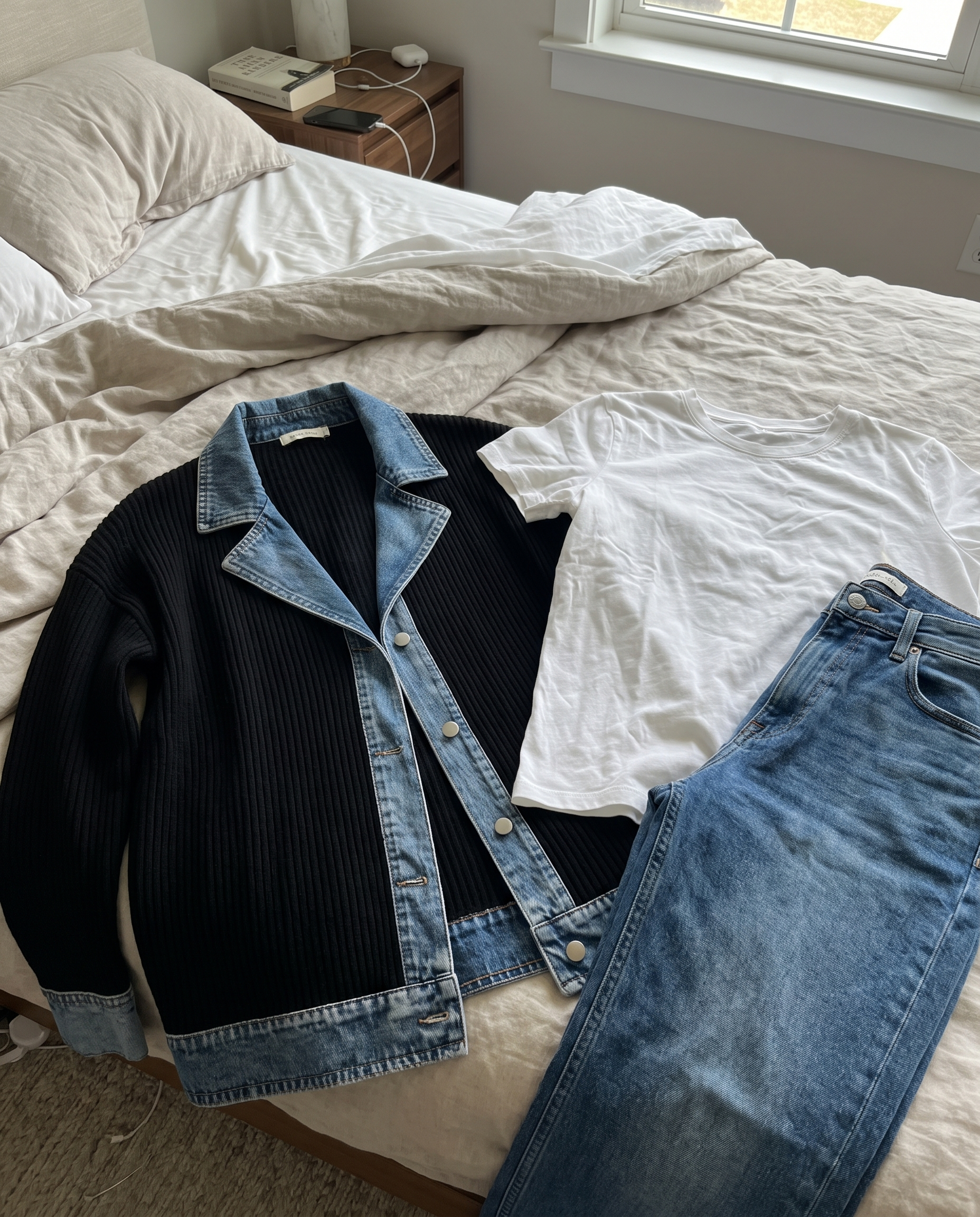 Grace Elegant Denim Spliced Ribbed Knit Coat laid out on a bed