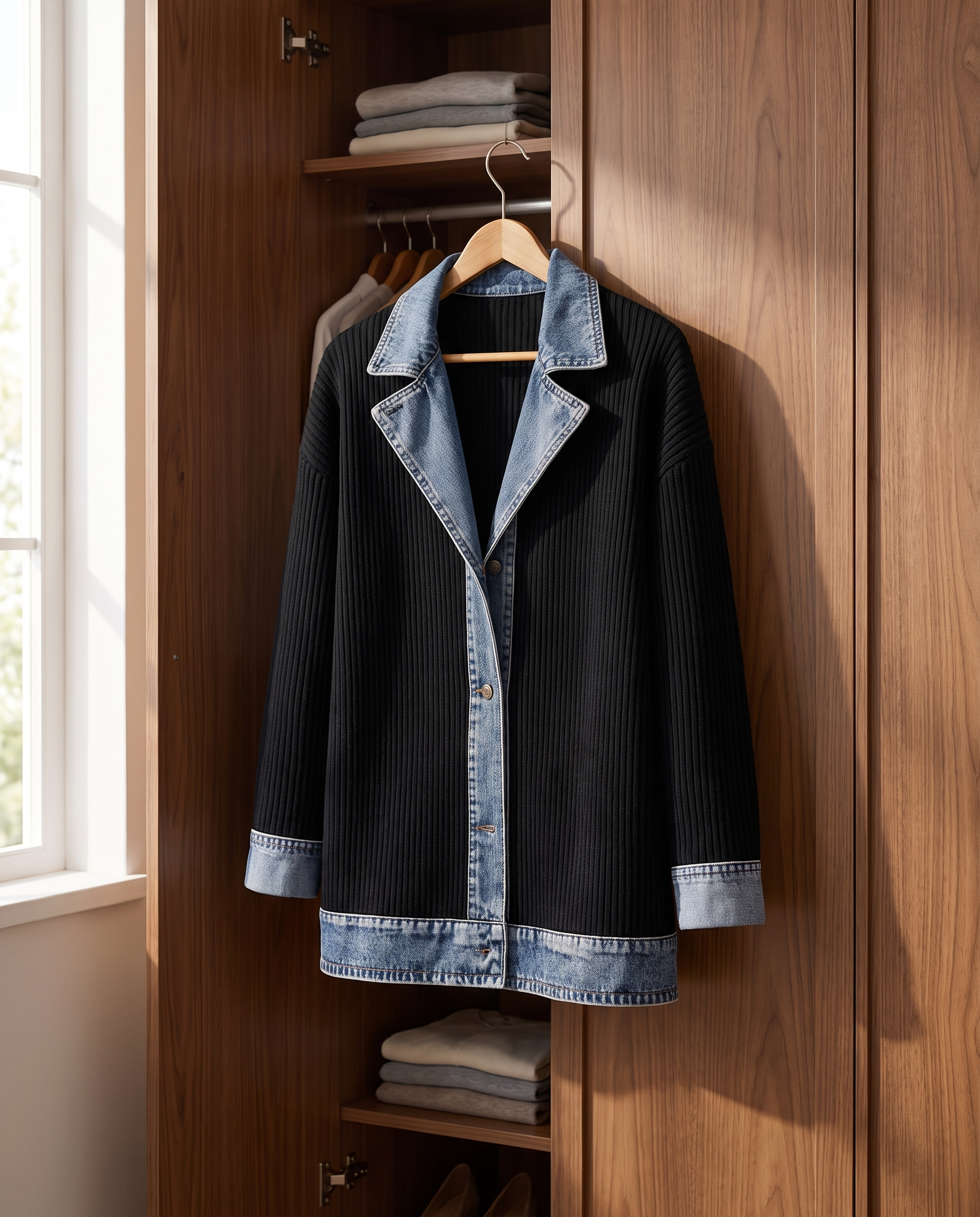 Grace Elegant Denim Spliced Ribbed Knit Coat hanging on a wooden hanger