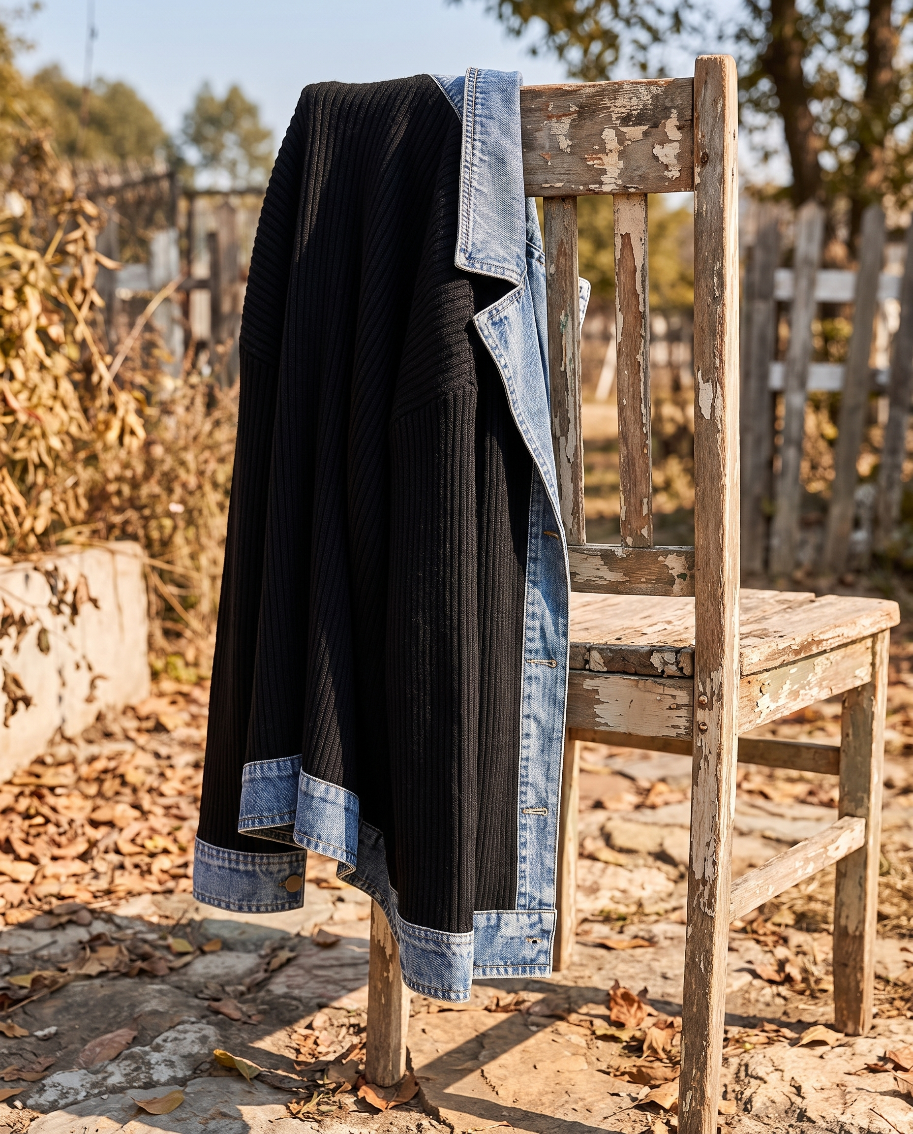 Grace Elegant Denim Spliced Ribbed Knit Coat styled on a garden chair