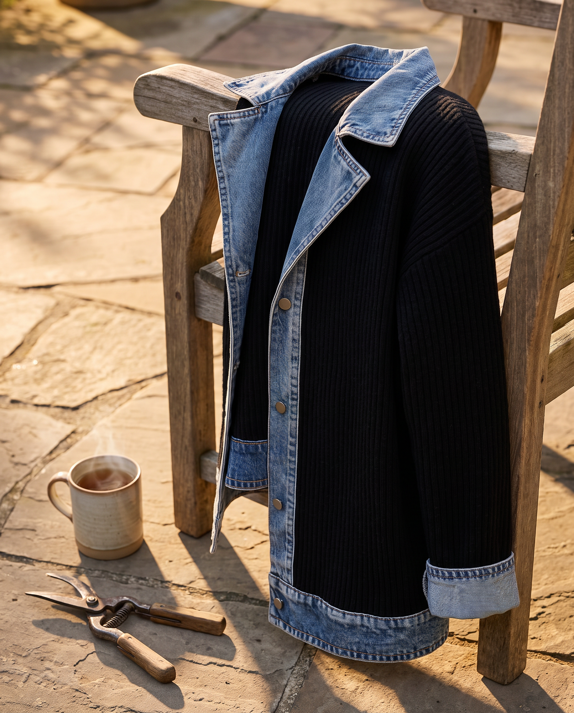 Grace Elegant Denim Spliced Ribbed Knit Coat on a garden chair with tea and shears
