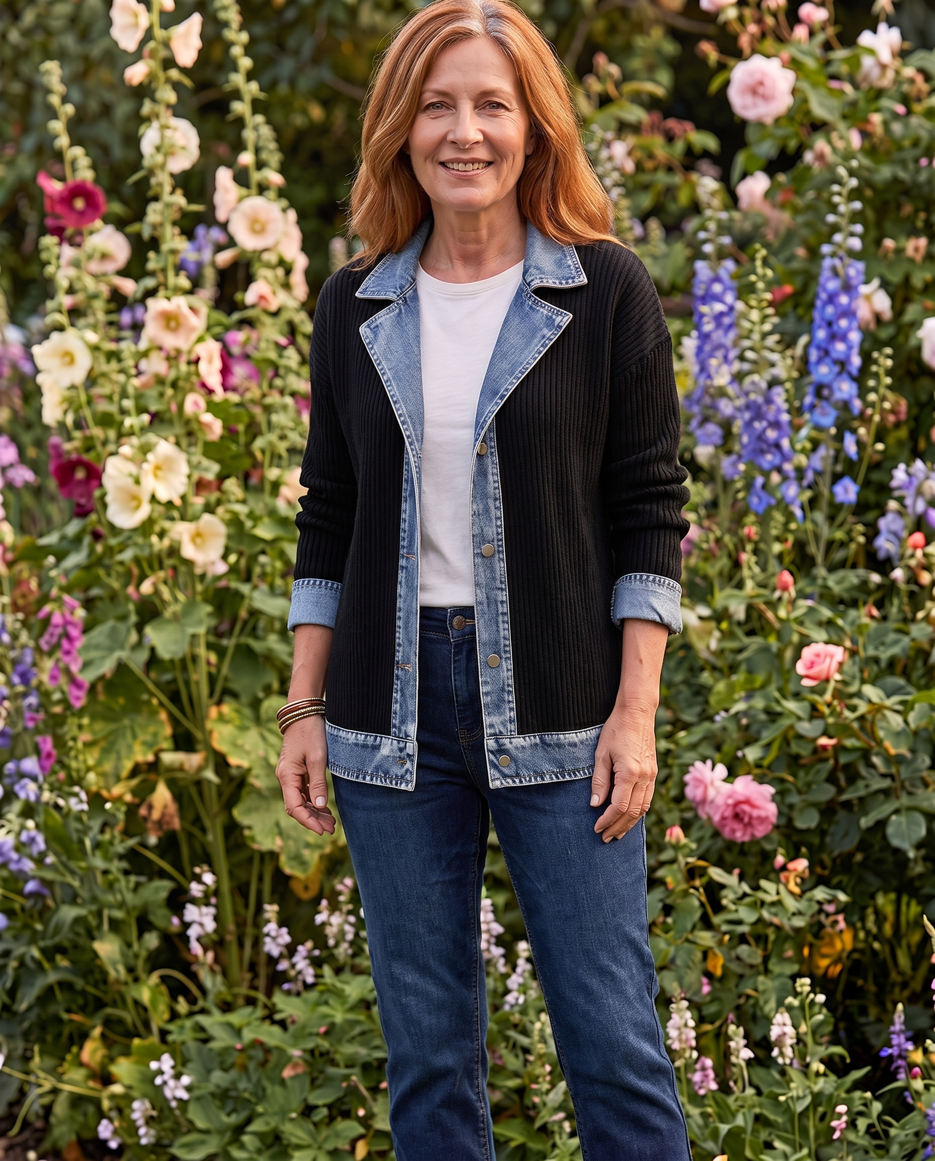 Diane Ashcroft wearing the Grace Elegant Denim Spliced Ribbed Knit Coat in a garden