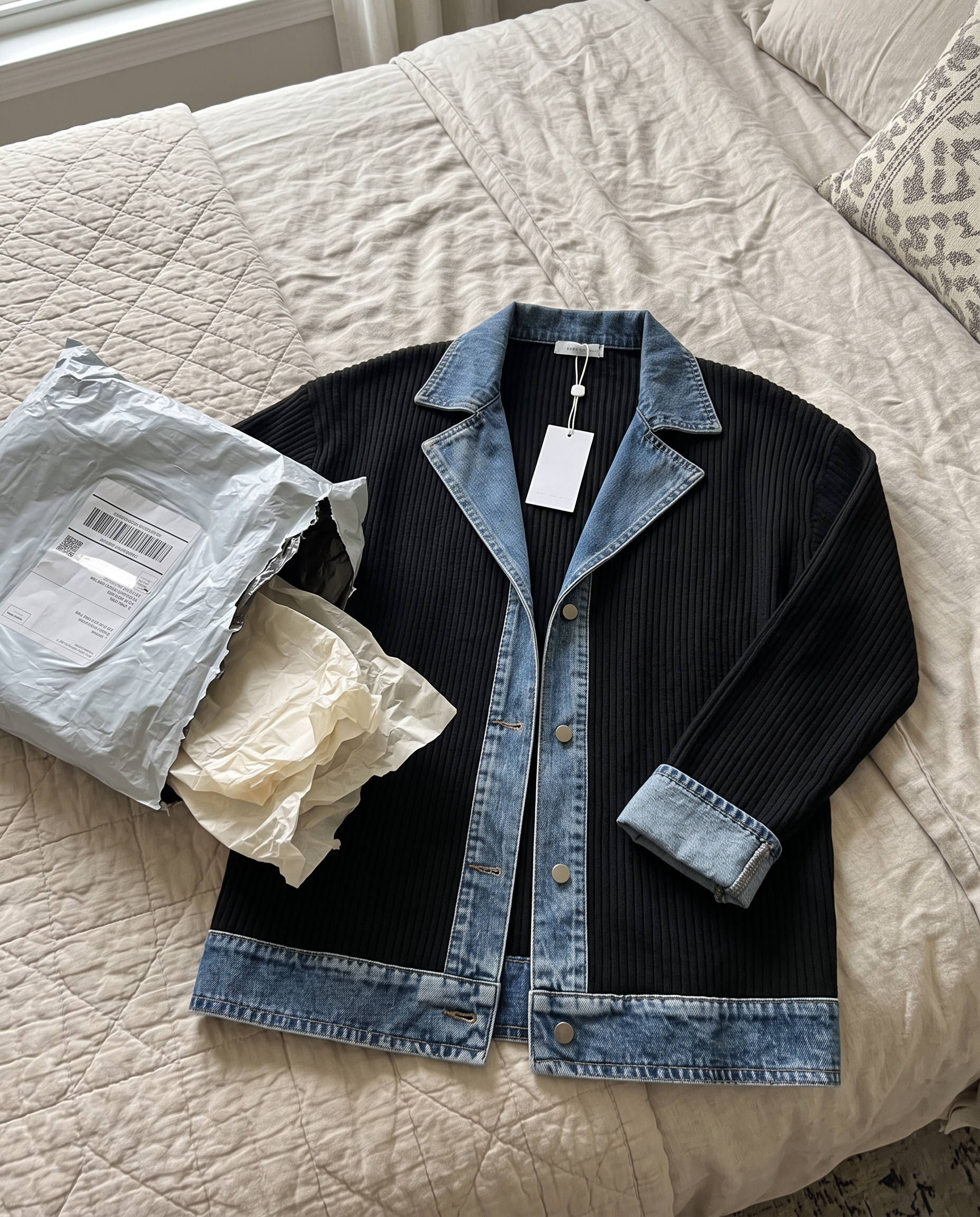 Grace Elegant Denim Spliced Ribbed Knit Coat unboxed on a bed