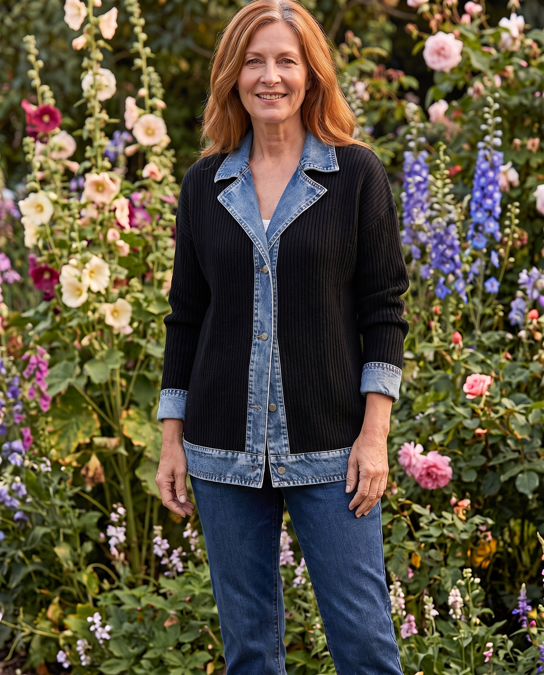 Grace Elegant Denim Spliced Ribbed Knit Coat worn in a garden, close crop