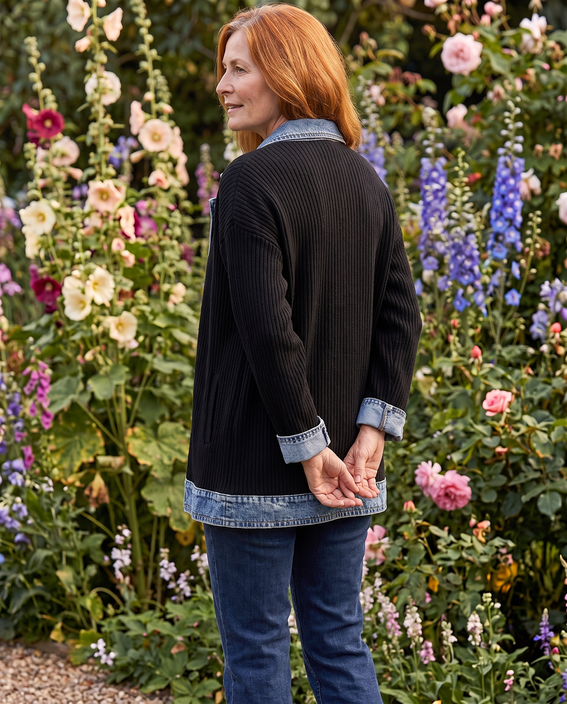 Grace Elegant Denim Spliced Ribbed Knit Coat worn on a garden path, full length