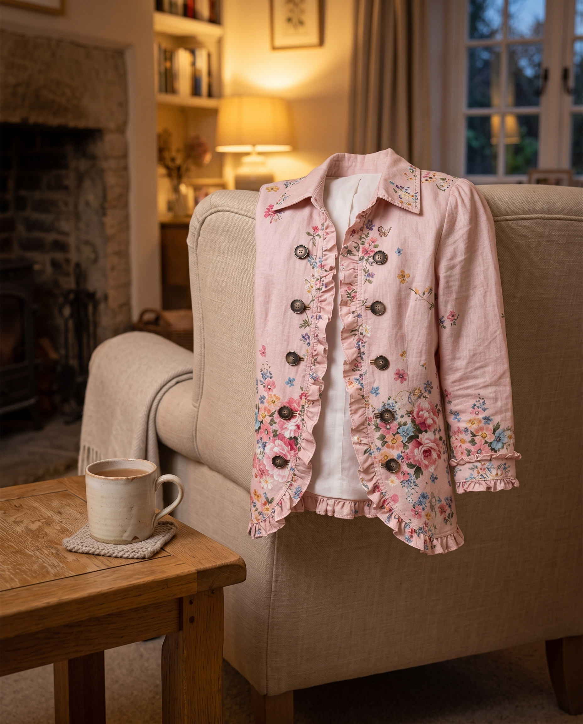 The Violet jacket draped over an armchair with a cup of tea