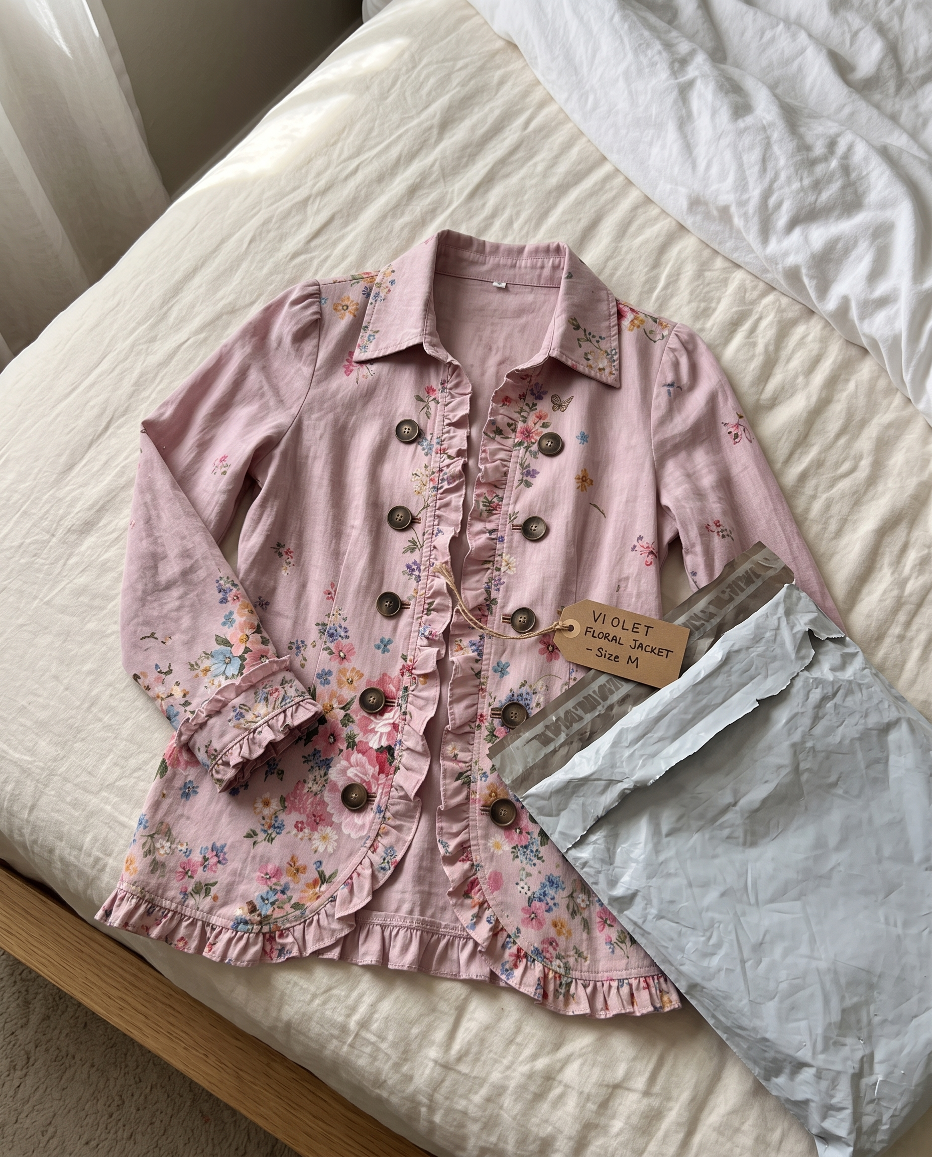 The Violet Floral Jacket freshly unboxed on the bed