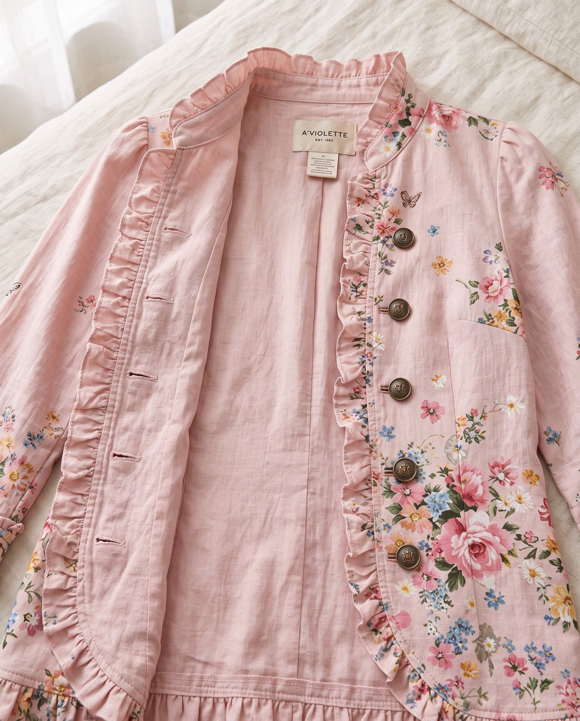 Close-up detail of the Violet jacket's floral print