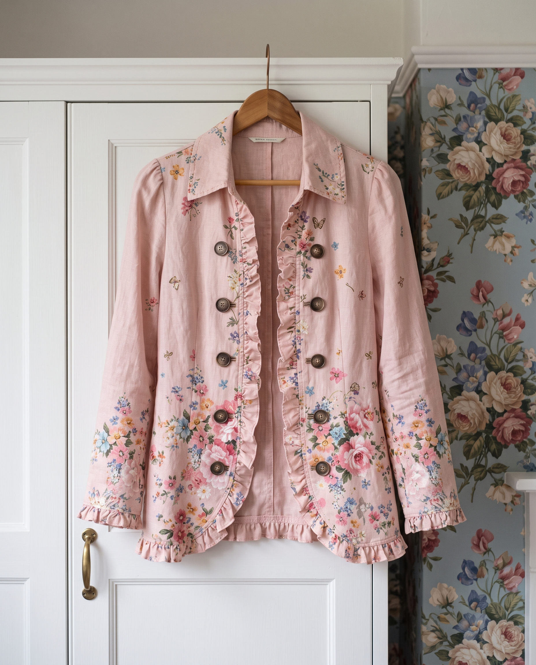 The Violet jacket hanging on a wardrobe door