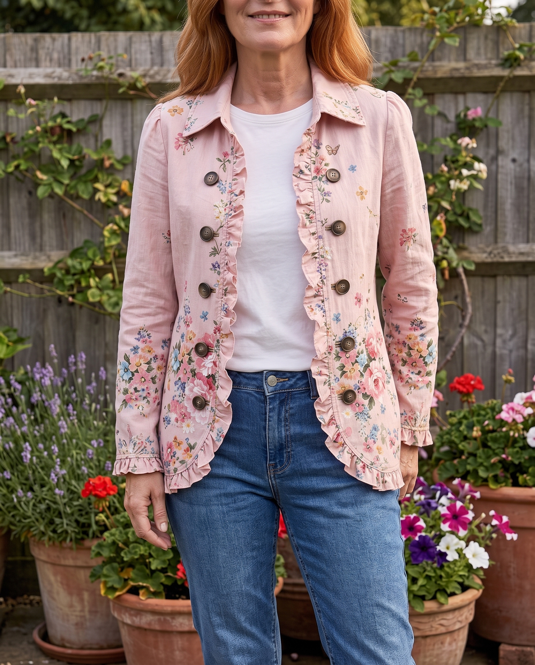 Diane wearing the Violet jacket in the garden