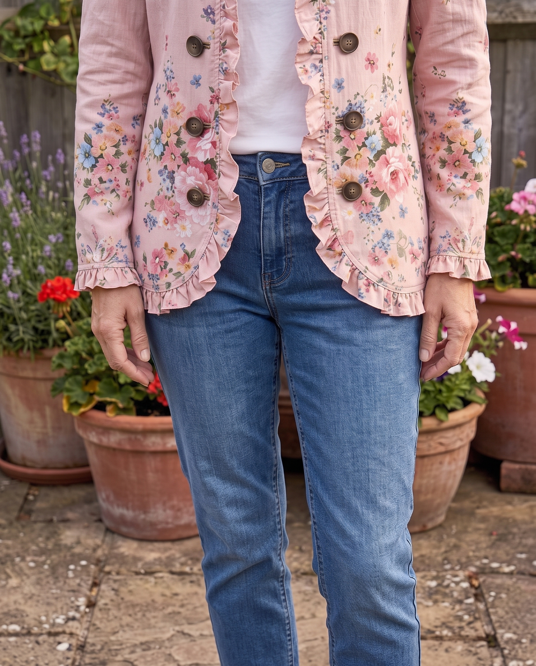 Close detail of Diane wearing the Violet jacket with jeans
