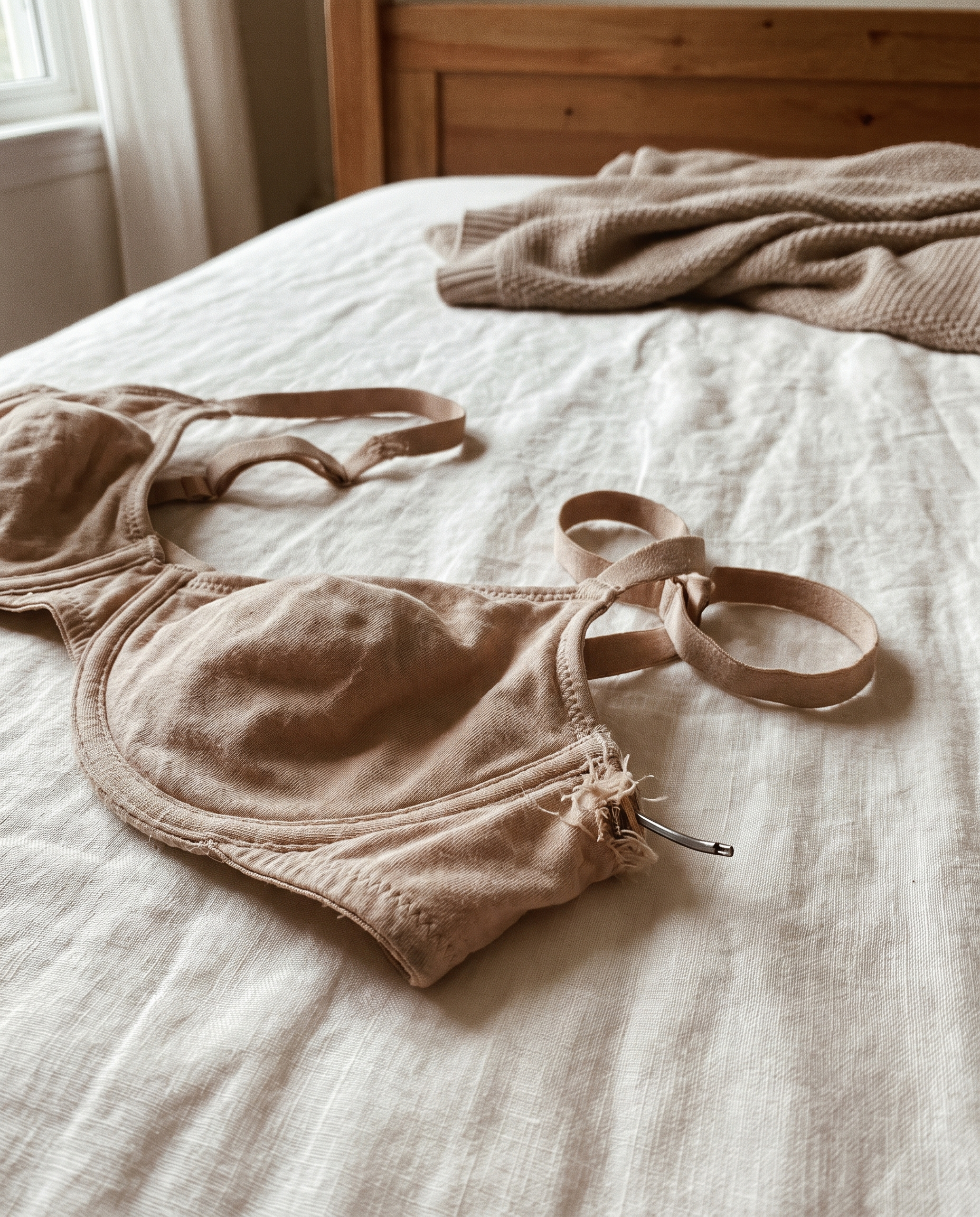 A worn-out underwire bra with the wire poking through, lying on a bed