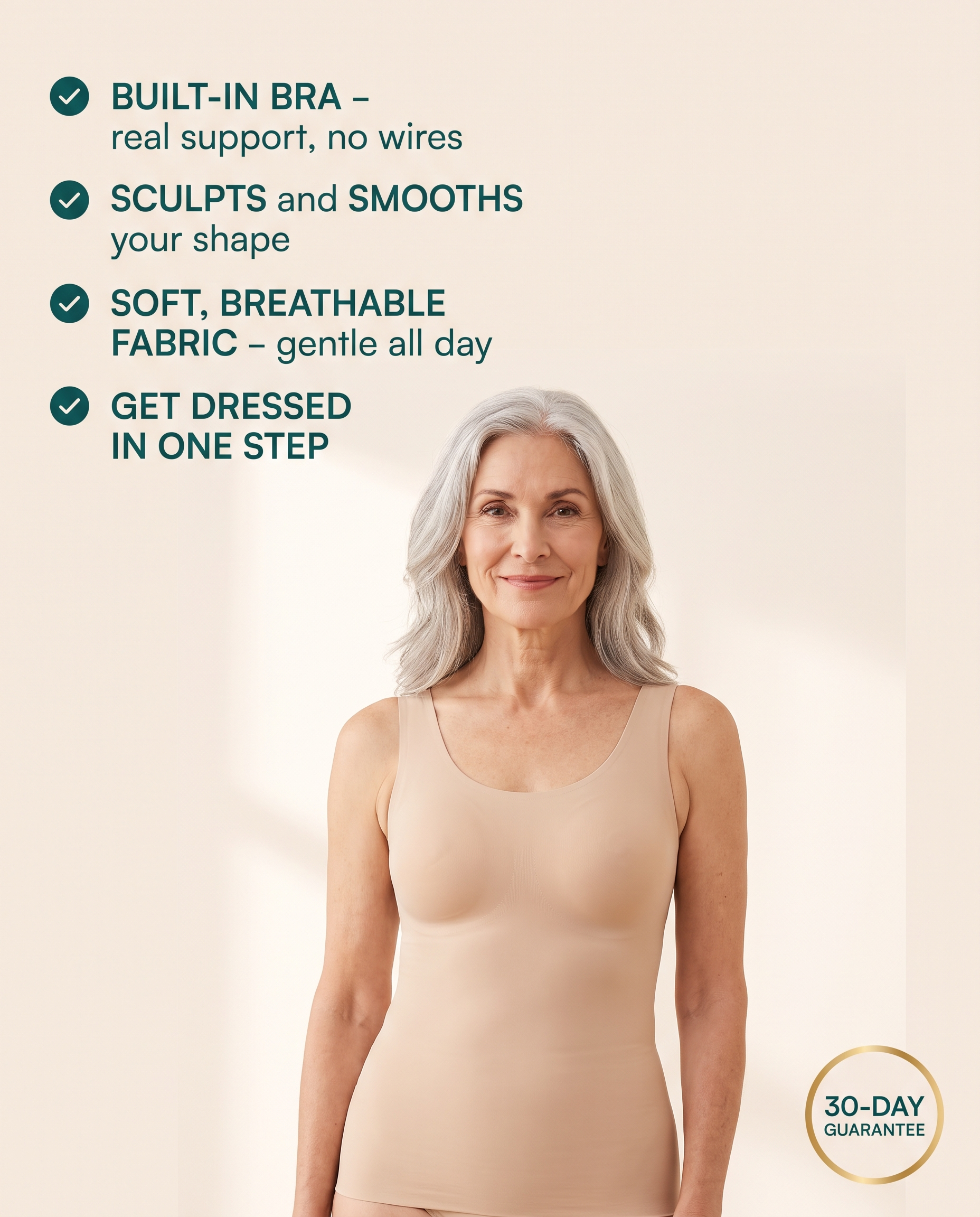 Woman wearing the Evely Rose Sculpt Tank with built-in bra, with feature checklist and 30-day guarantee badge