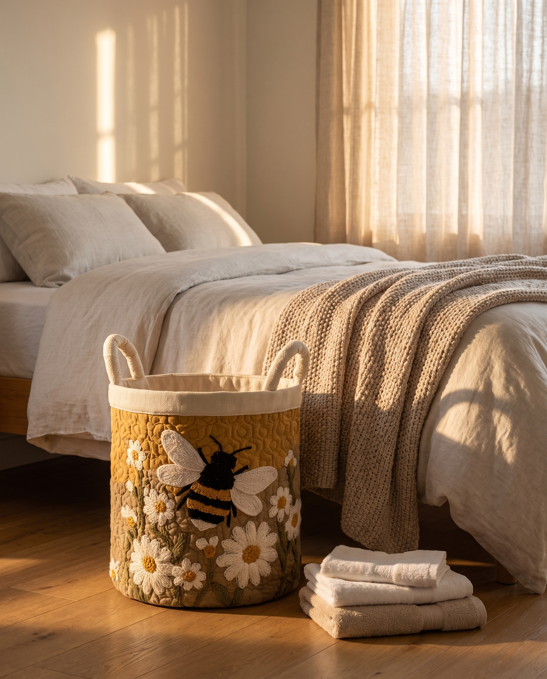 Evely Rose Daisy Bee quilted laundry basket at the foot of a neatly made bed