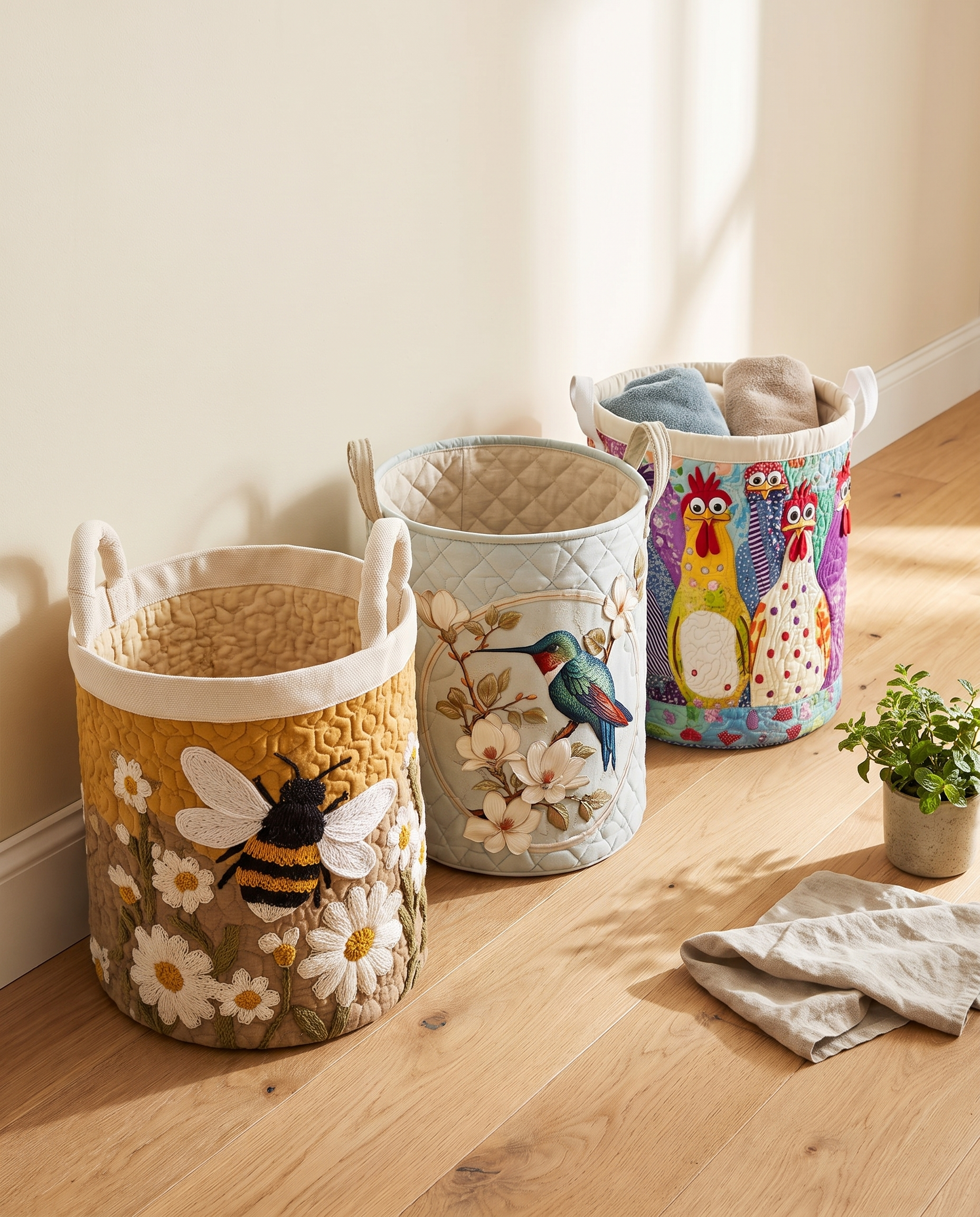 Three Evely Rose quilted laundry baskets in Daisy Bee, Aurora Hummingbird Lace and Macy Cluck Couture prints together in a hallway