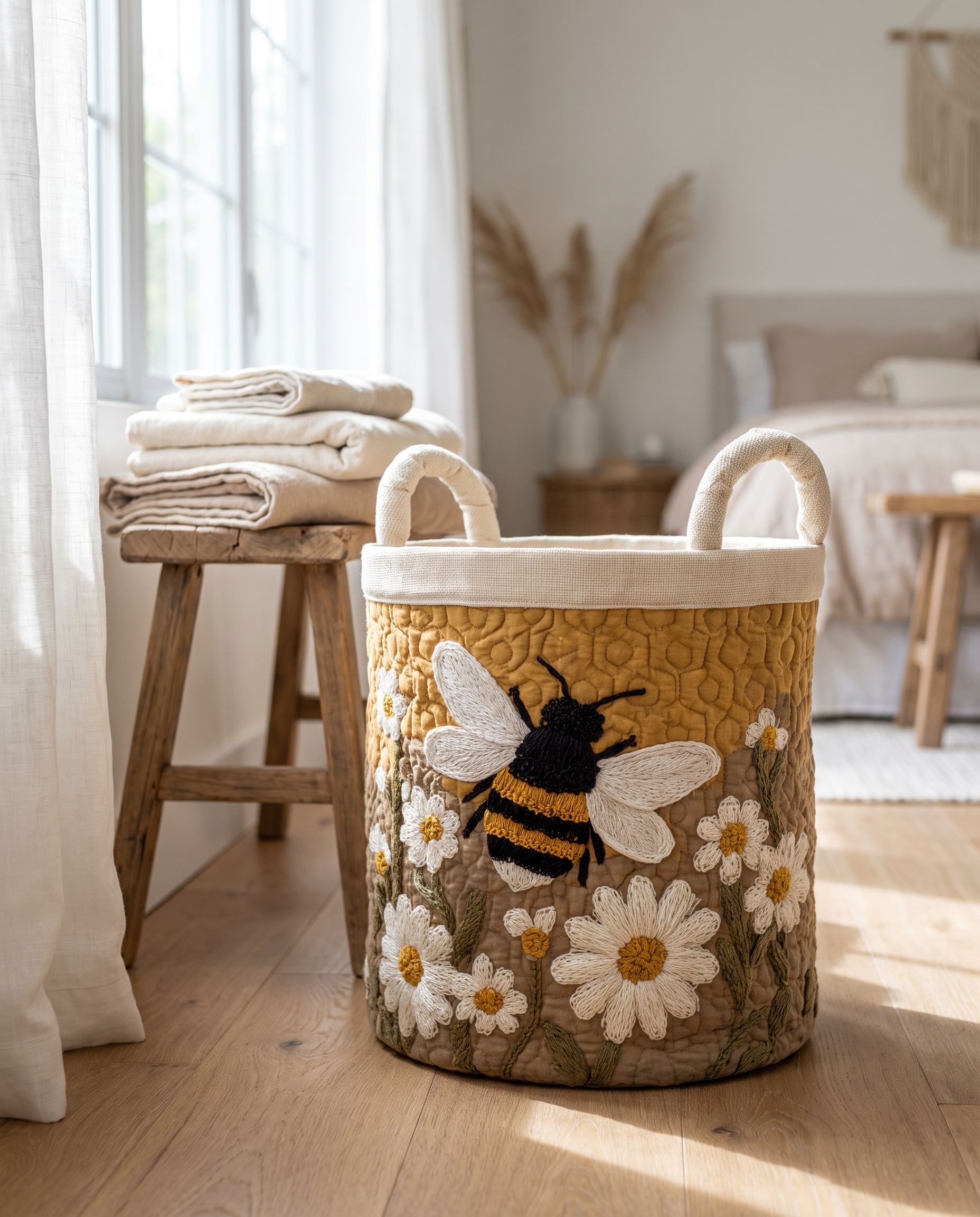 Evely Rose Daisy Bee quilted laundry basket standing in a sunlit bedroom corner