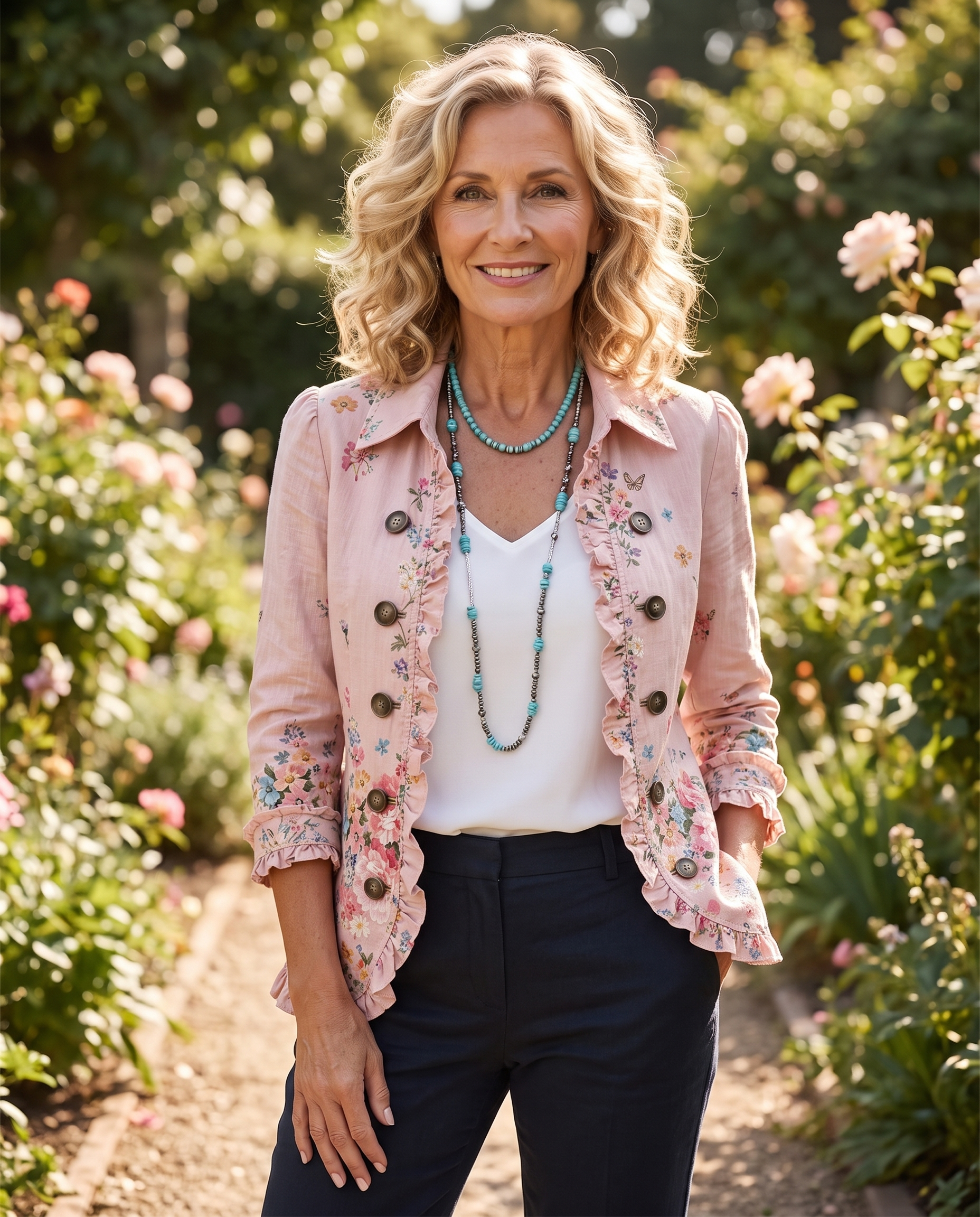 Woman wearing the Violet Floral Jacket outdoors