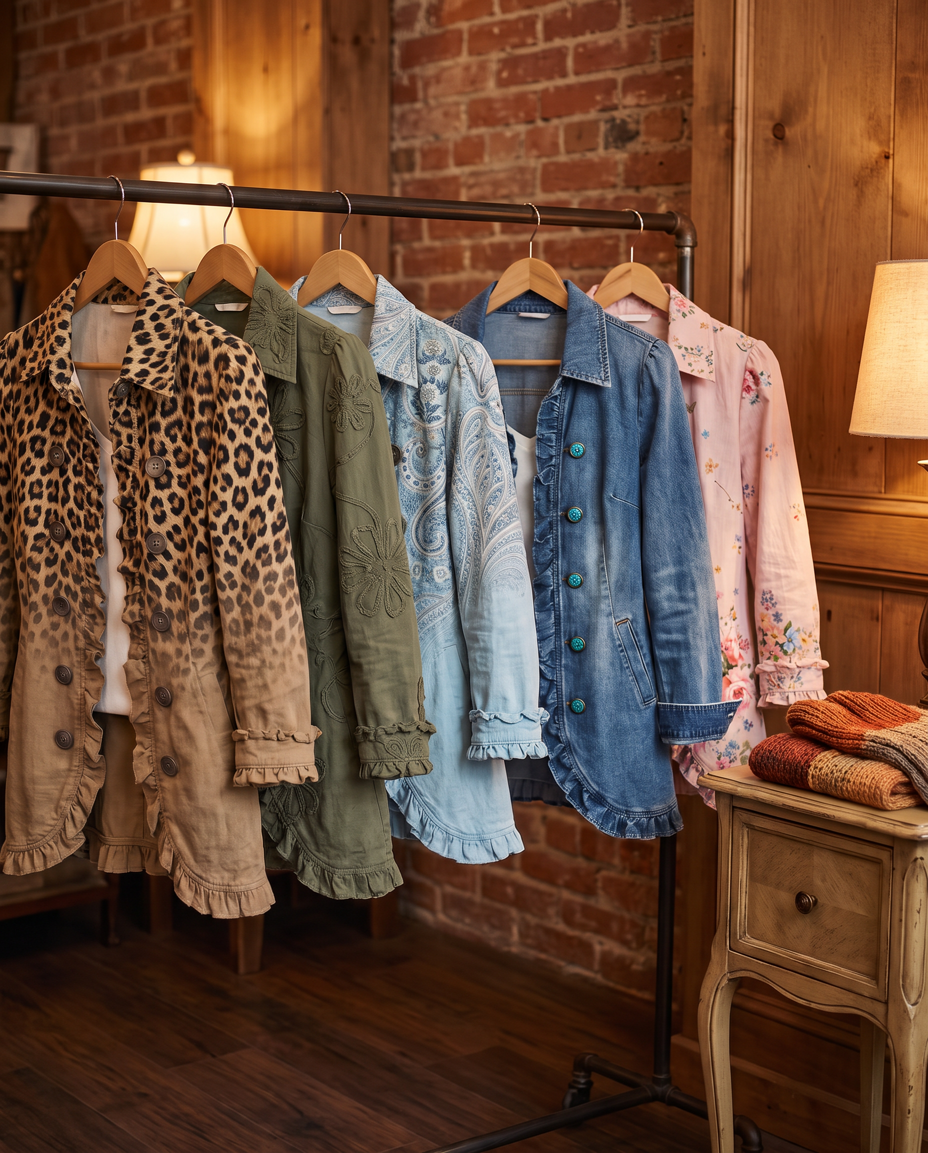 Five jackets from the Evely Rose jackets collection hanging on a rail inside the boutique