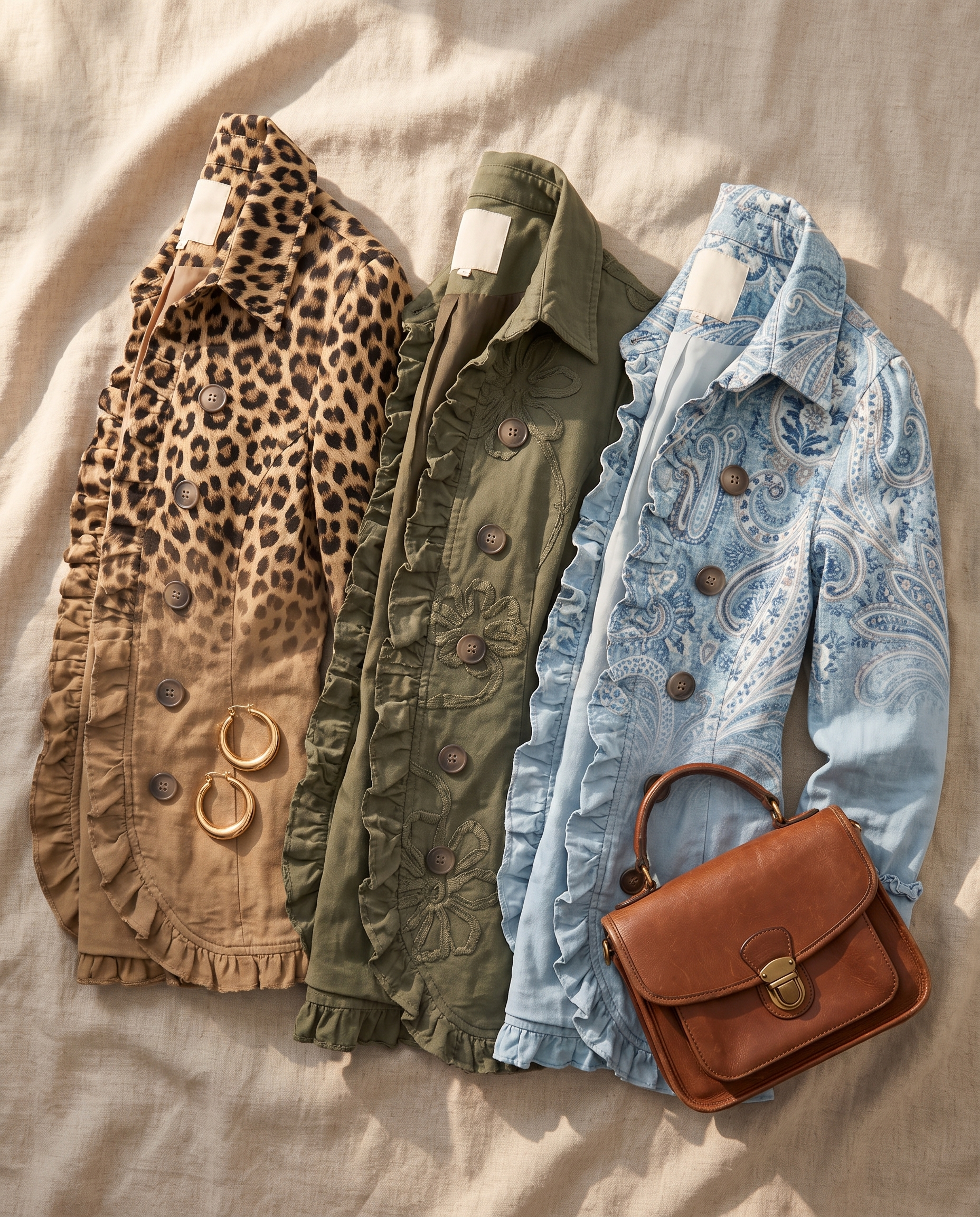 Hazel, Alva and Almira jackets styled together in a flatlay