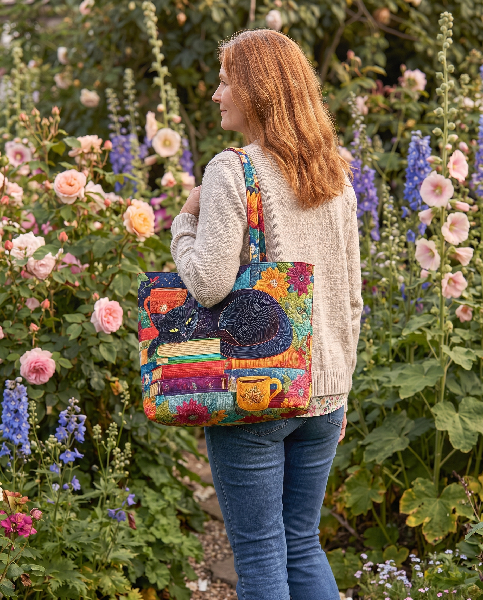 Woman carrying an Evely Rose Artisan Bag on a garden path