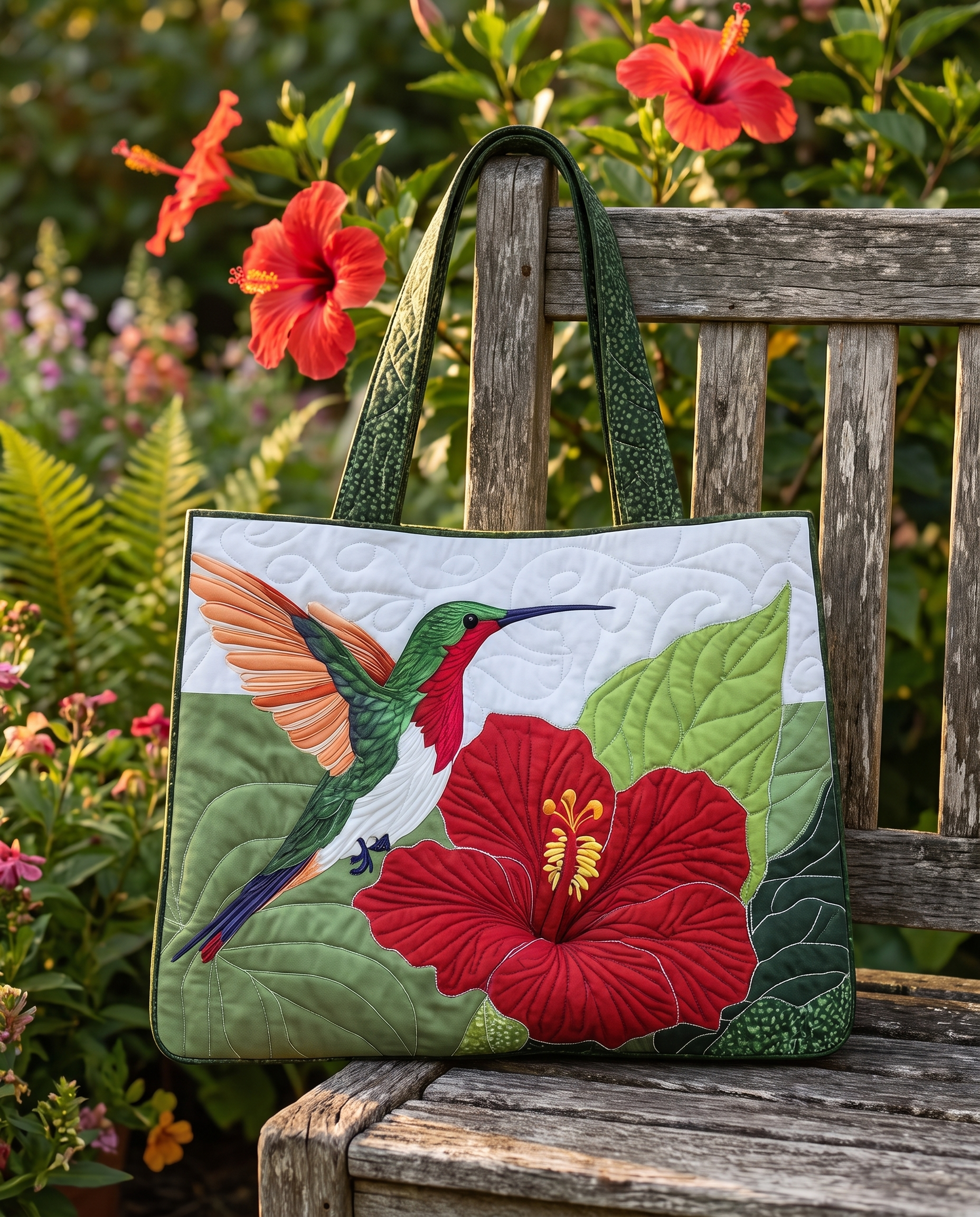 ARTISAN BAG | Hummingbird & Red Hibiscus styled on a garden chair