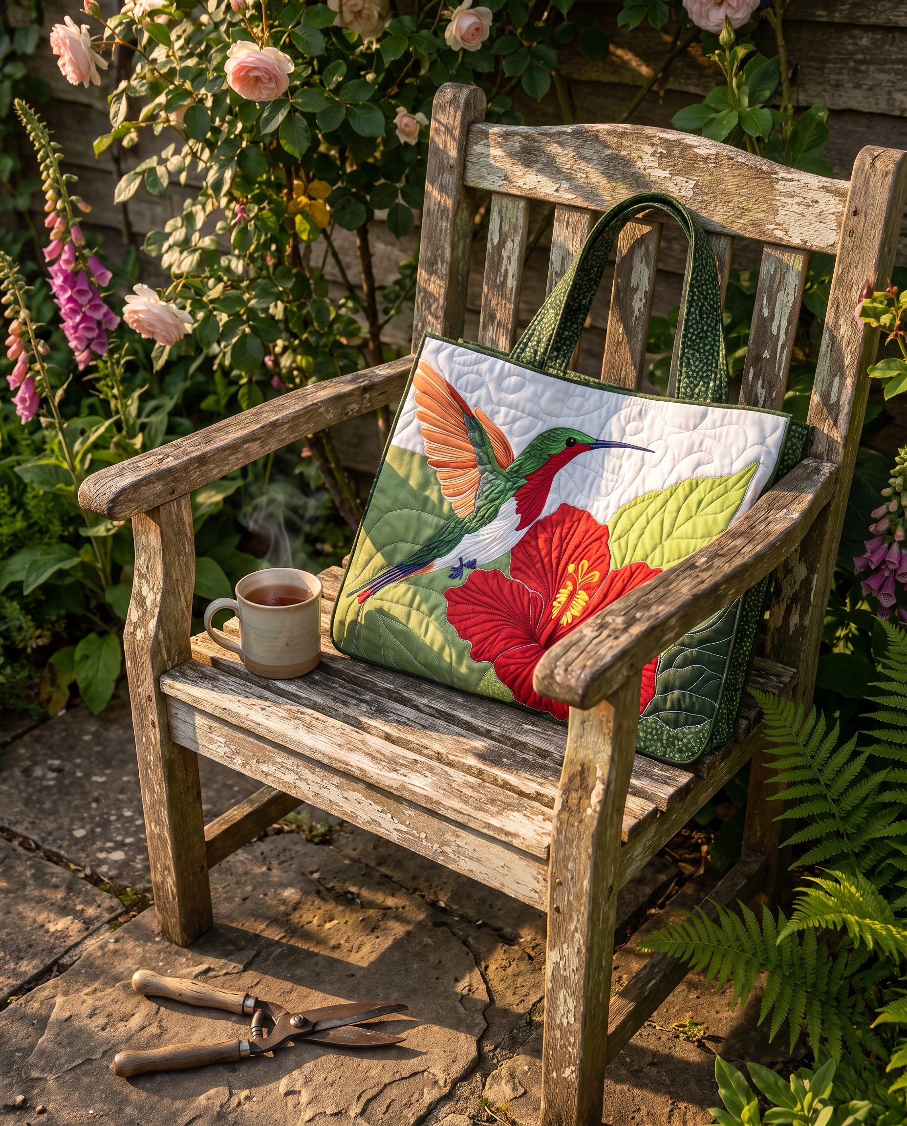ARTISAN BAG | Hummingbird & Red Hibiscus on a garden chair with tea