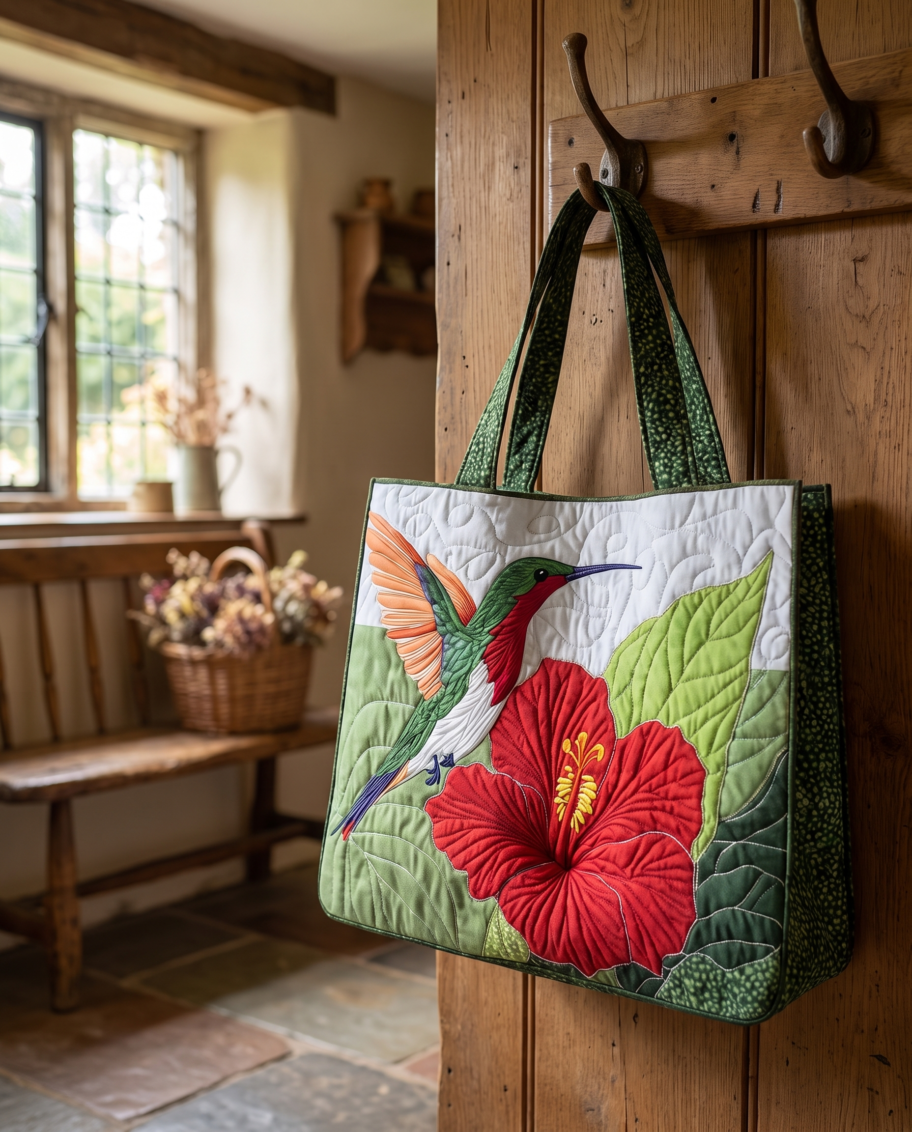 ARTISAN BAG | Hummingbird & Red Hibiscus hanging on a wooden hanger