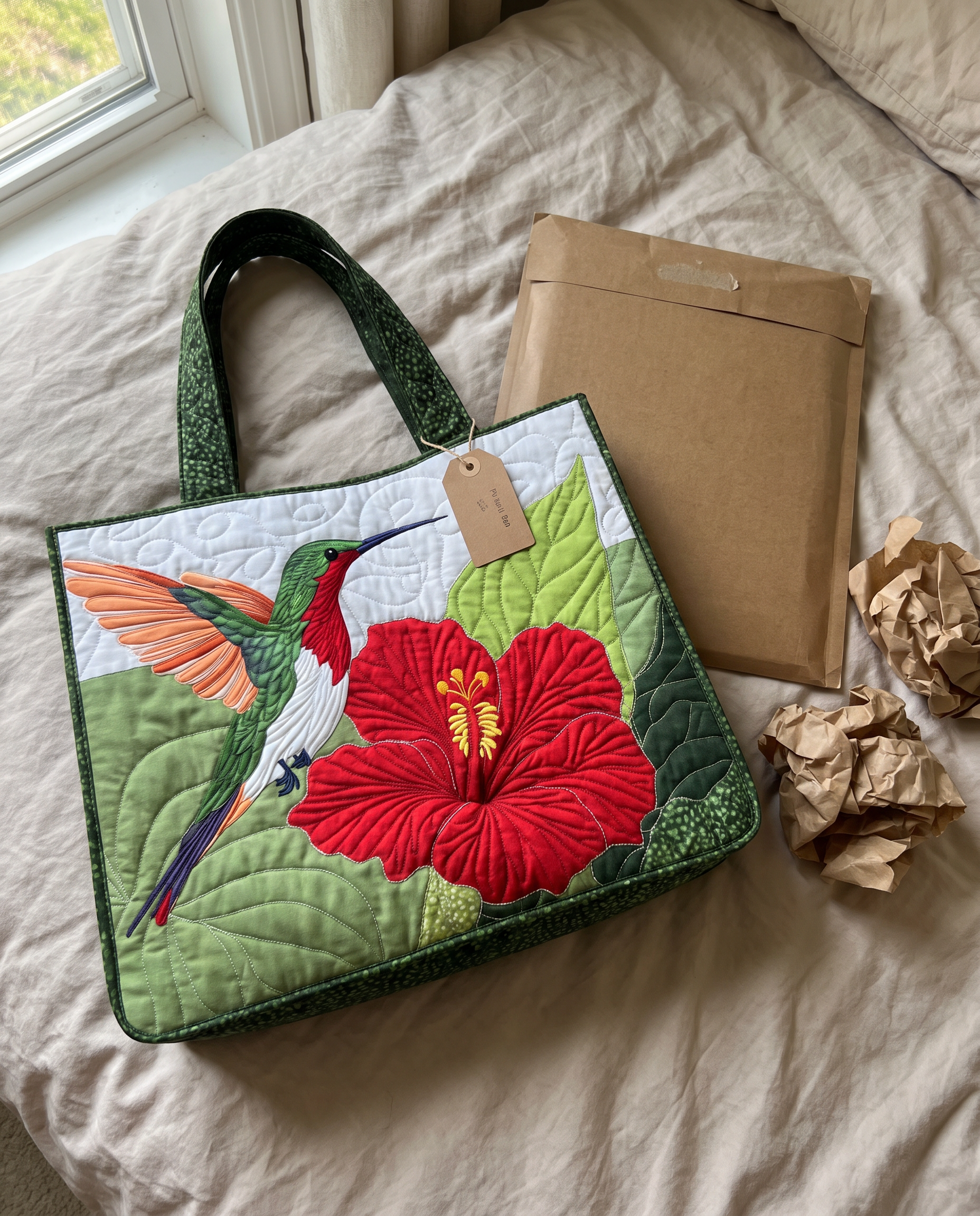 ARTISAN BAG | Hummingbird & Red Hibiscus unboxed on a bed